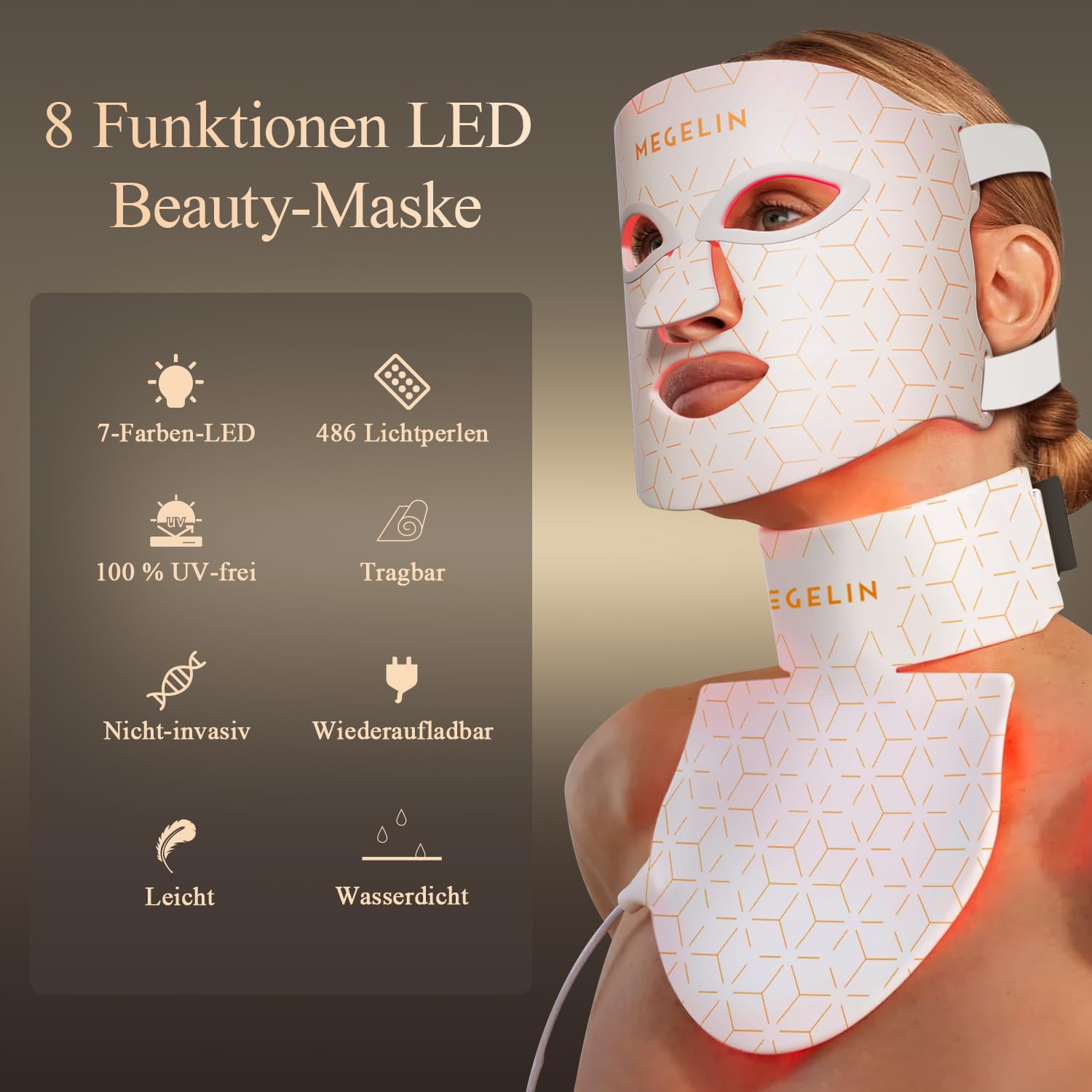 MEGELIN Led Rotlichttherapie Gesicht & Hals Maske, 7 Farben Led Lichttherapie Gesichtsmaske, Infrarot-Rotlicht-Therapie-Maske, Infrarot-Licht-Hautverjüngung (Weiß)