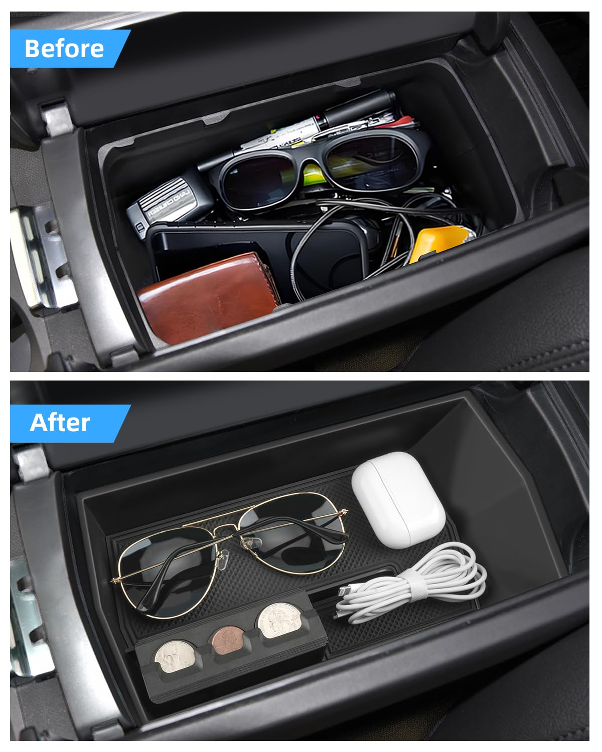 Accessoire Voiture Rangement Accoudoir Organisateur D'accoudoir Pour Peugeot E-3008 / E-5008 (2024-2026) - Avec Boîte à Monnaie Et Tapis Antidérapant