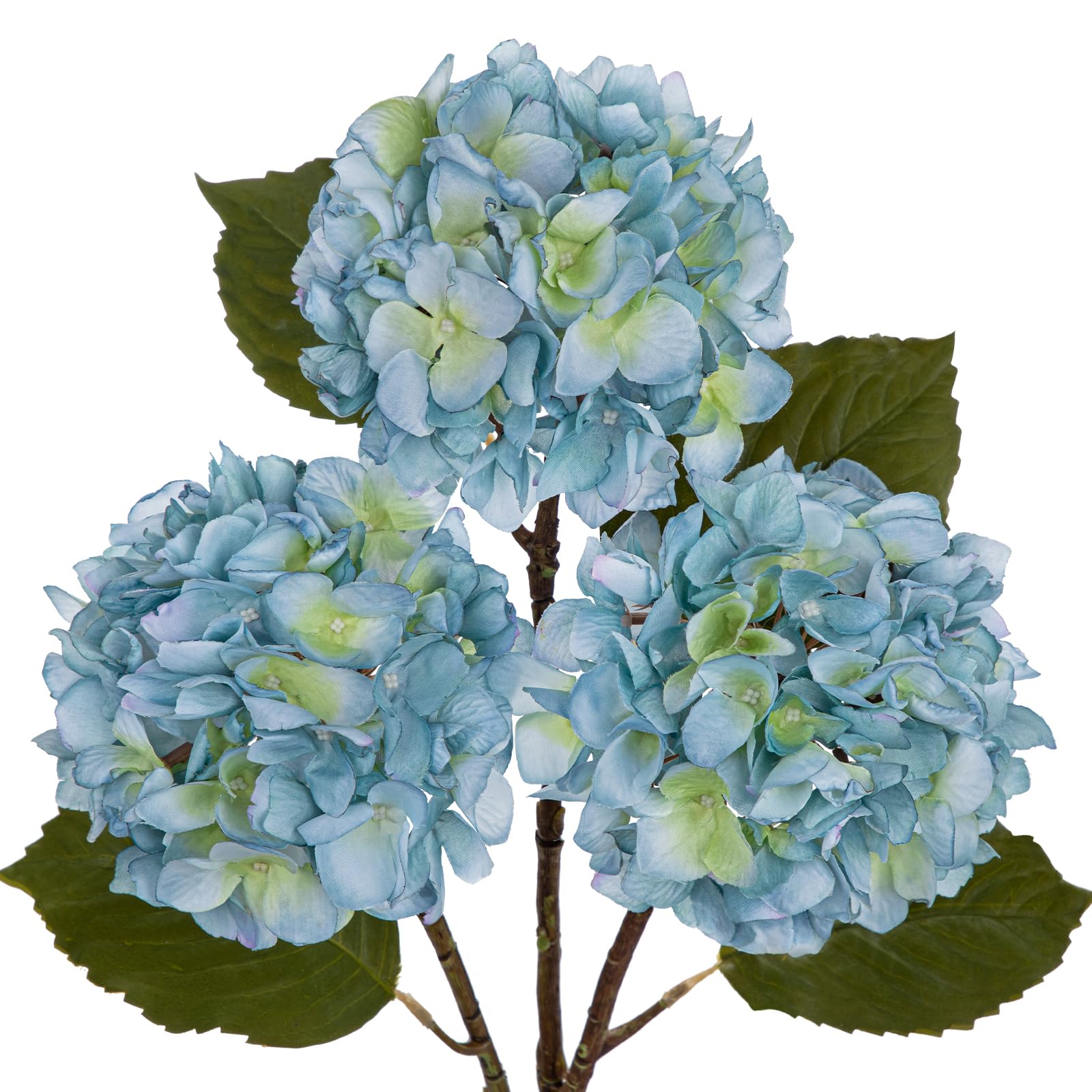 Hollyone Pack of 3 Hydrangea Artificial Flowers, Light Blue Fake Hydrangea Stems with Large 7'' Blooms, Long Stem Silk Flowers for Floral Arrangement, Tall Vase, Home Decor, Wedding Decorations