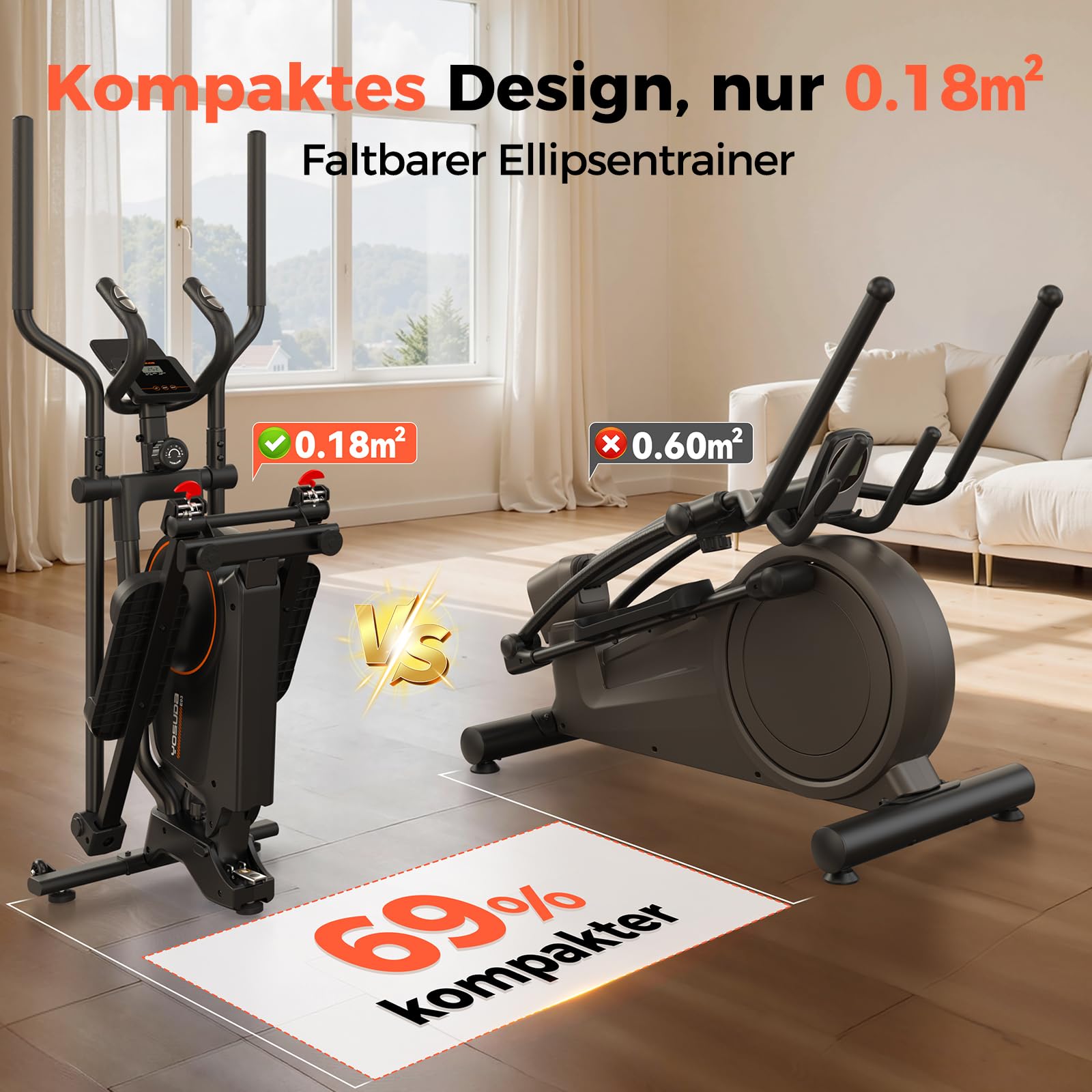 YOSUDA ​​Klappbarer Crosstrainer für Zuhause, Crosstrainer mit 16 Widerstandsstufen, Ultraleiser für Cardio, LCD-Display & Transportrollen
