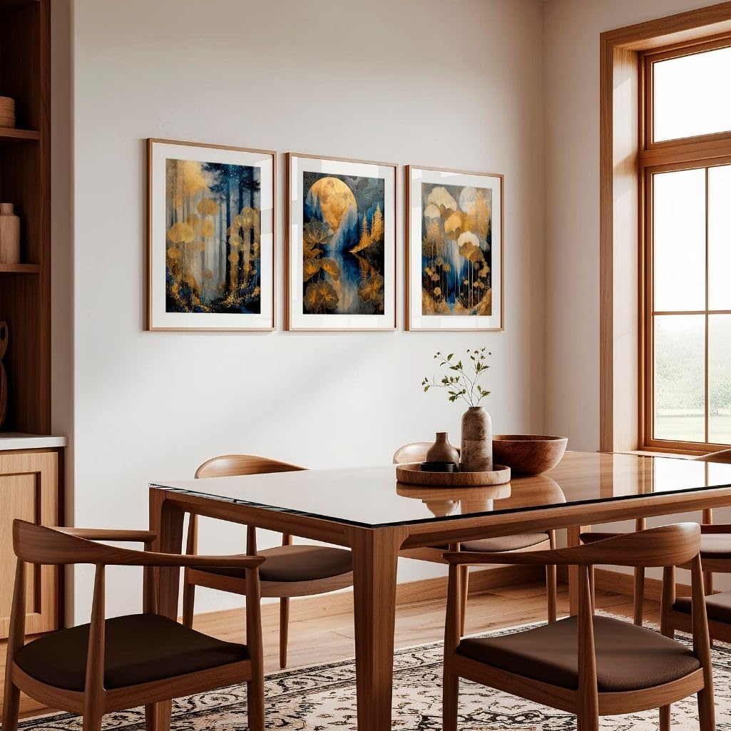 ARTINSPIRIO Blaues Gold Botanisches Wandbild 3er-Set, Natur Landschaft Kunstdrucke, Elegant, für Wohnzimmer, Schlafzimmer & Esszimmer Ohne Rahmen (A2)