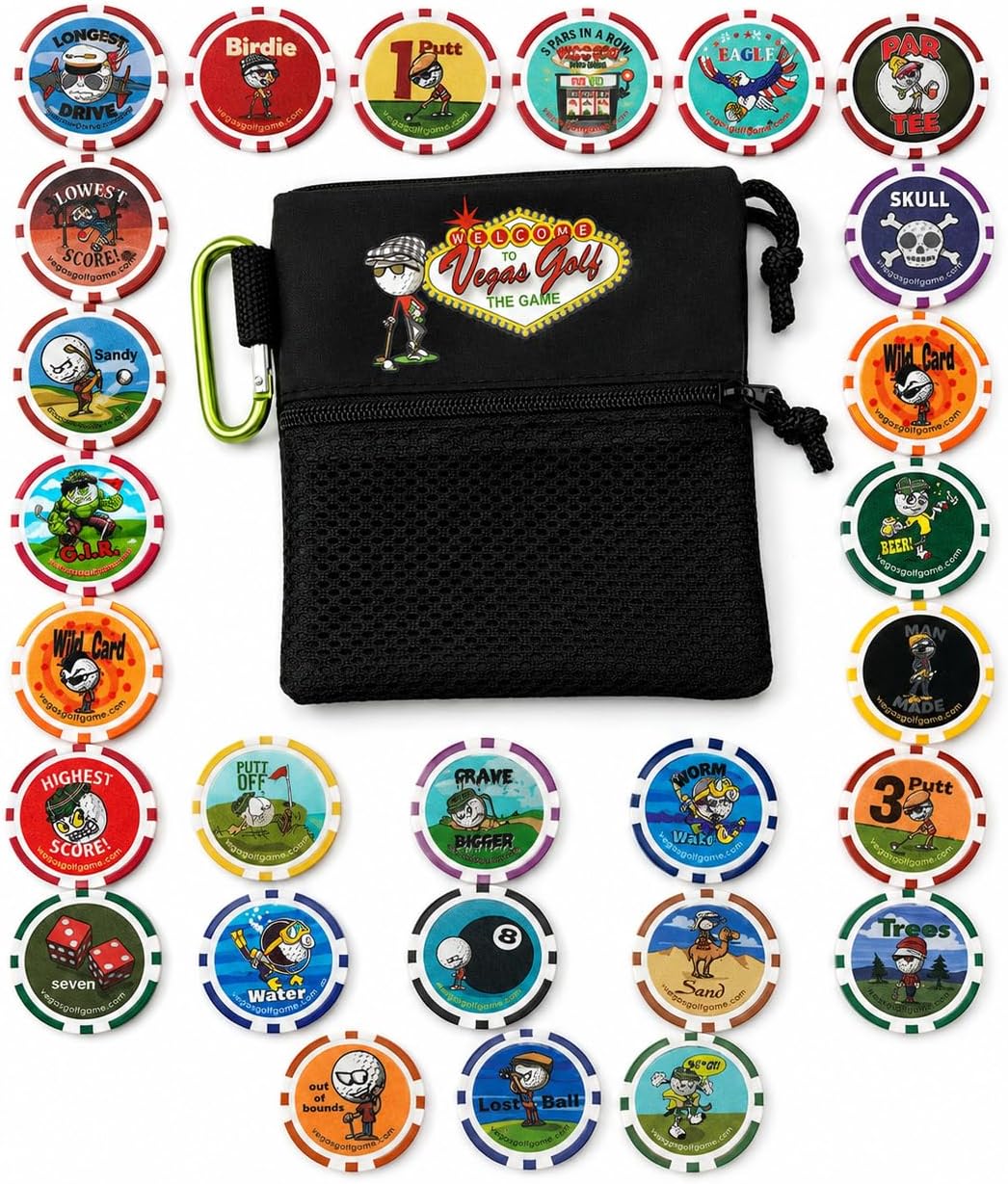 All-in Edition 27 Chips On-Course Poker Chip Golf Game + Free Deluxe Tee Bag - Fun Golf Betting Card Game for a Foursome - Golf Party Game & Gift for Men, Dad & Golfers
