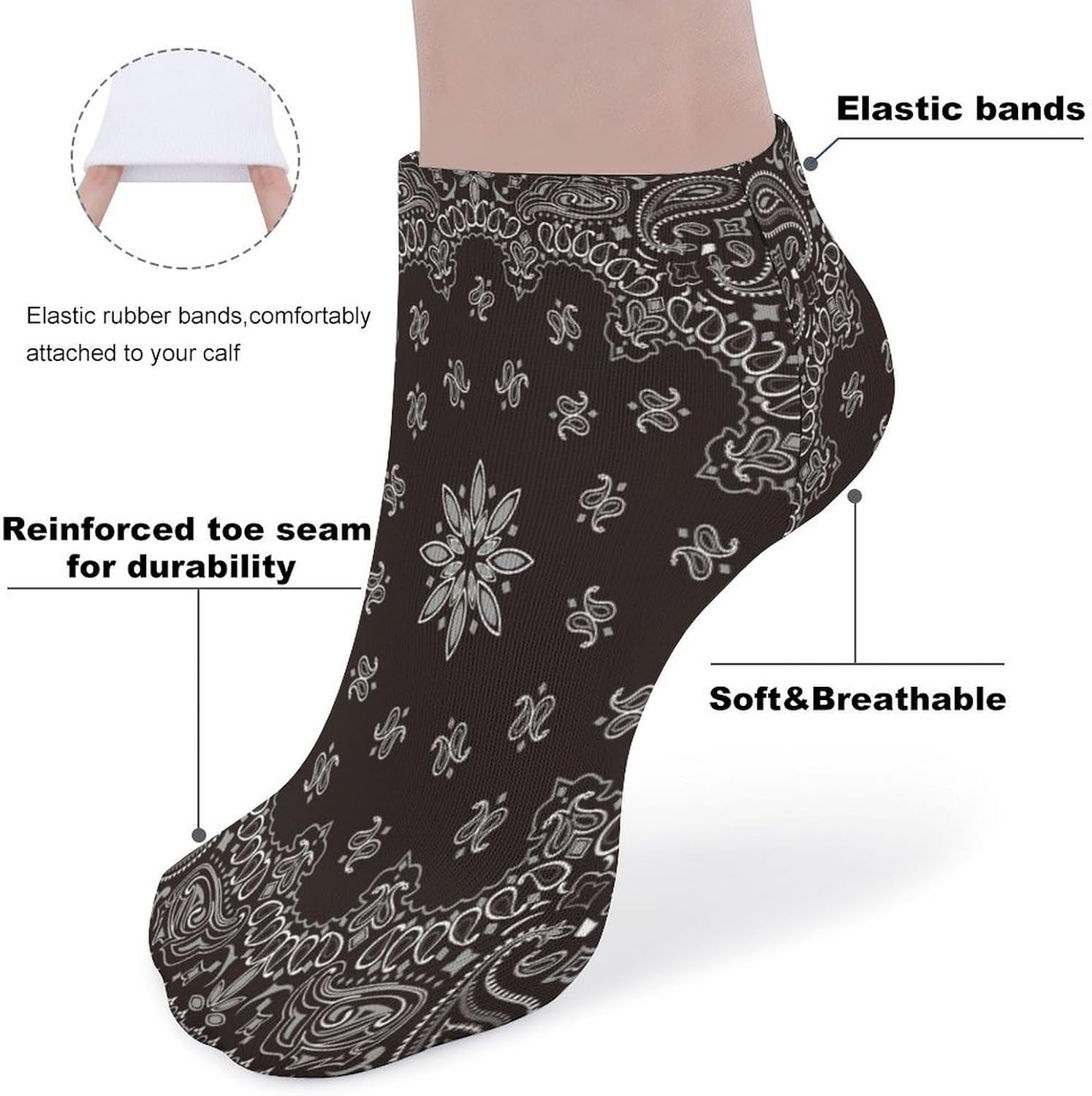 Black Paisley Bandana Ankle Socks for Men Women Low Cut Crew Sock Casual Sports Clothing