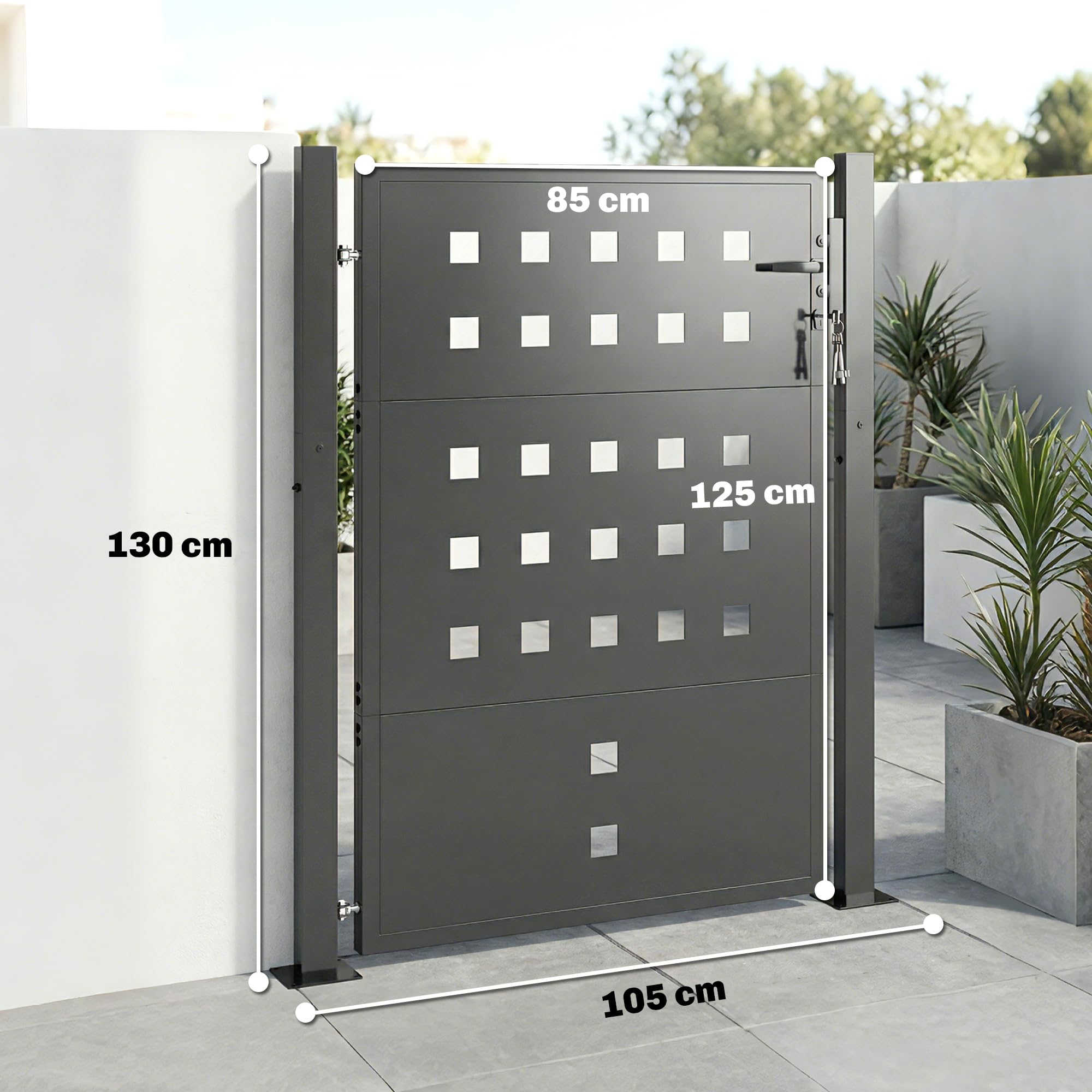 Outsunny Cancello da giardino in acciaio zincato, porta da giardino con maniglia, serratura a 3 chiavi con serratura, 105 x 130 cm, cancello da giardino per recinzione, grigio scuro