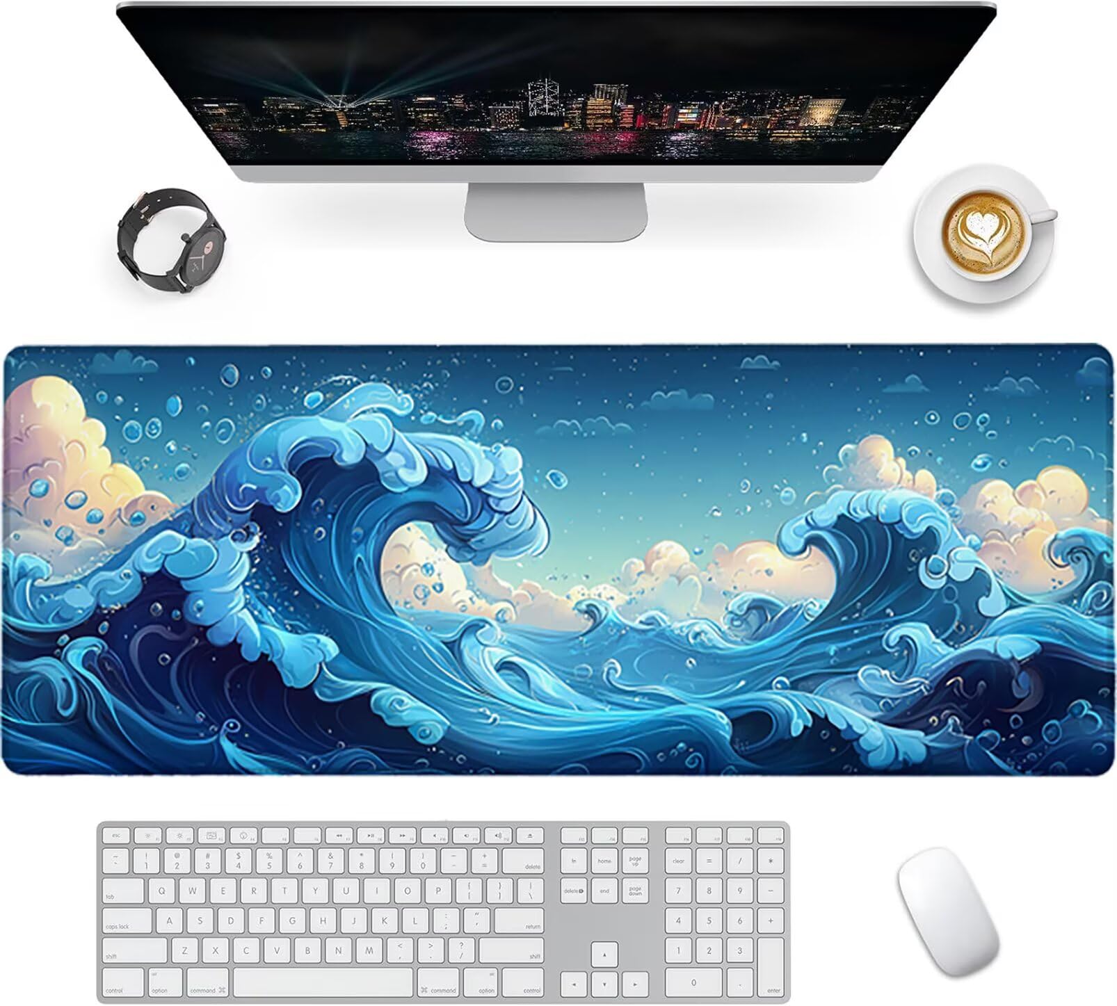Lpfieonn Wellen Großes Schreibtischunterlage, XXL Schreibtischunterlagen, Landschaft XXL Wasserdicht Gaming Mousepad mit Vernähter Rand und Rutschfeste Gummibasis, für Hause/Büro 120x60cm PF-2649
