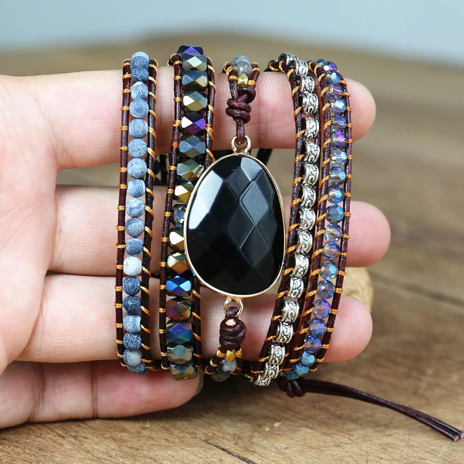 Handmade Leather Bracelet Black Onyx Mix 5 Strands Woven Wrap Bracelet Women Beads Bracelet