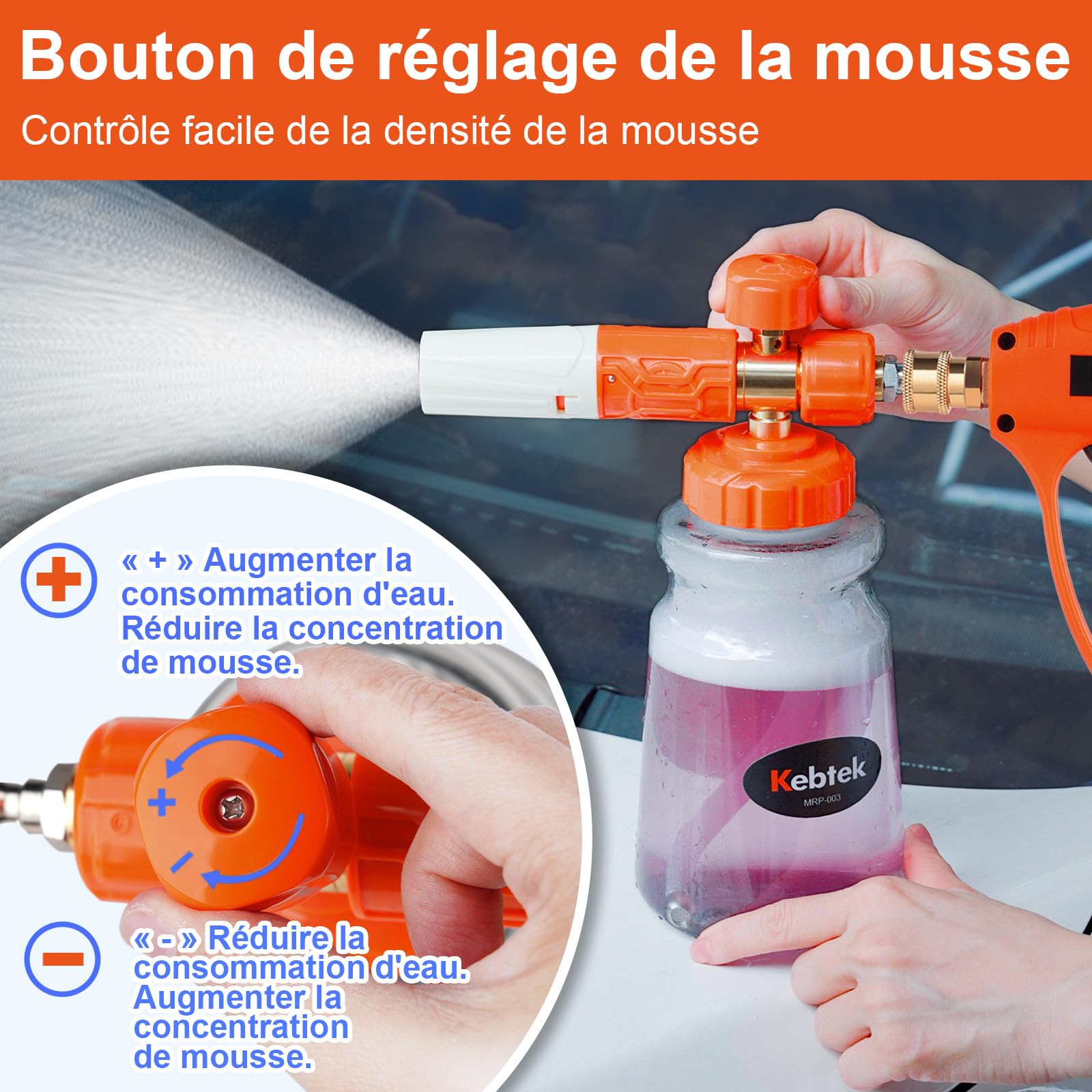 Kebtek Pistolet Haute Pression avec Canon à Mousse Voiture et 5 Buse, Accessoire à Double Embout, Adaptateur Compatible avec Karcher K2-7