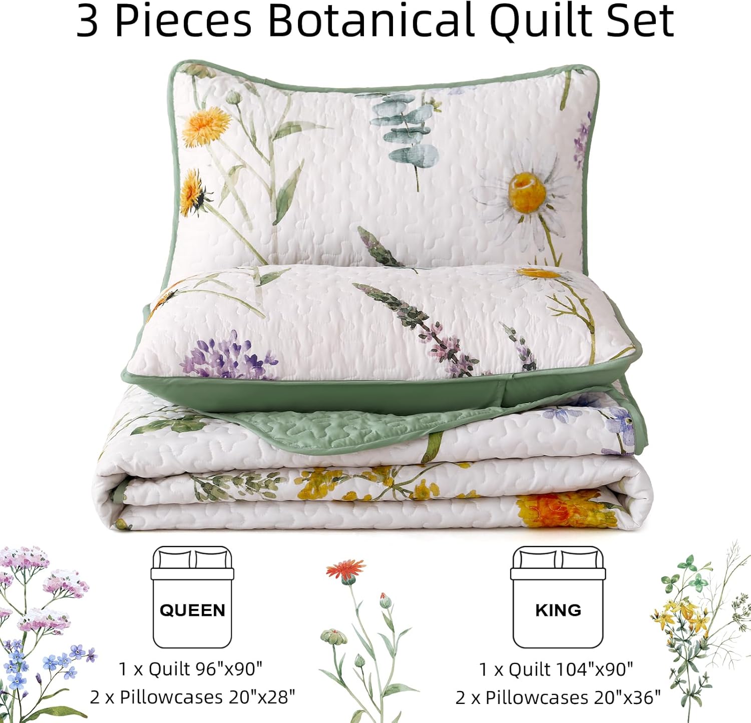 Dobuyly Floral Quilt Set Queen Size, Green Yellow Botanical Flower Quilt Bedding Set 3 Pieces, Soft Lightweight Microfiber Bedspread Coverlet Set for All Season, 96"x90" - Image 7