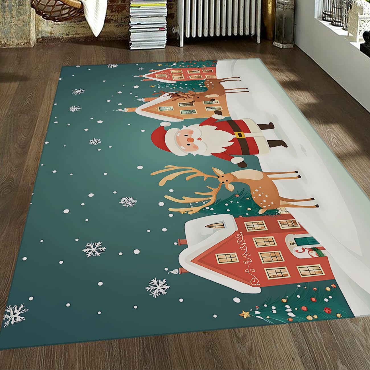 Winter Village 140x200cm Santa and Renifer Area Rugs With Print Rug Low Hair Decor Christmas Washable Soft for Bedroom Entry Room Nursery