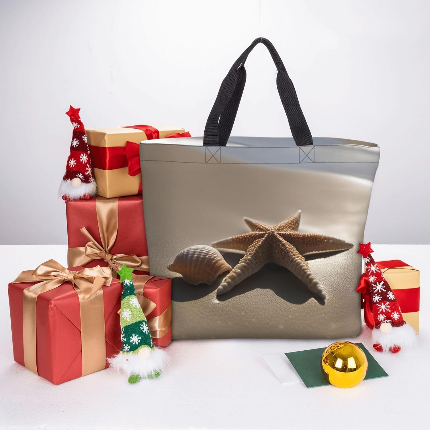 Starfish Seashell Sandy Beach Print Eco-Friendly Tote Lightweight Grocery Bag Daily Commuting Travel Beach Gym Use
