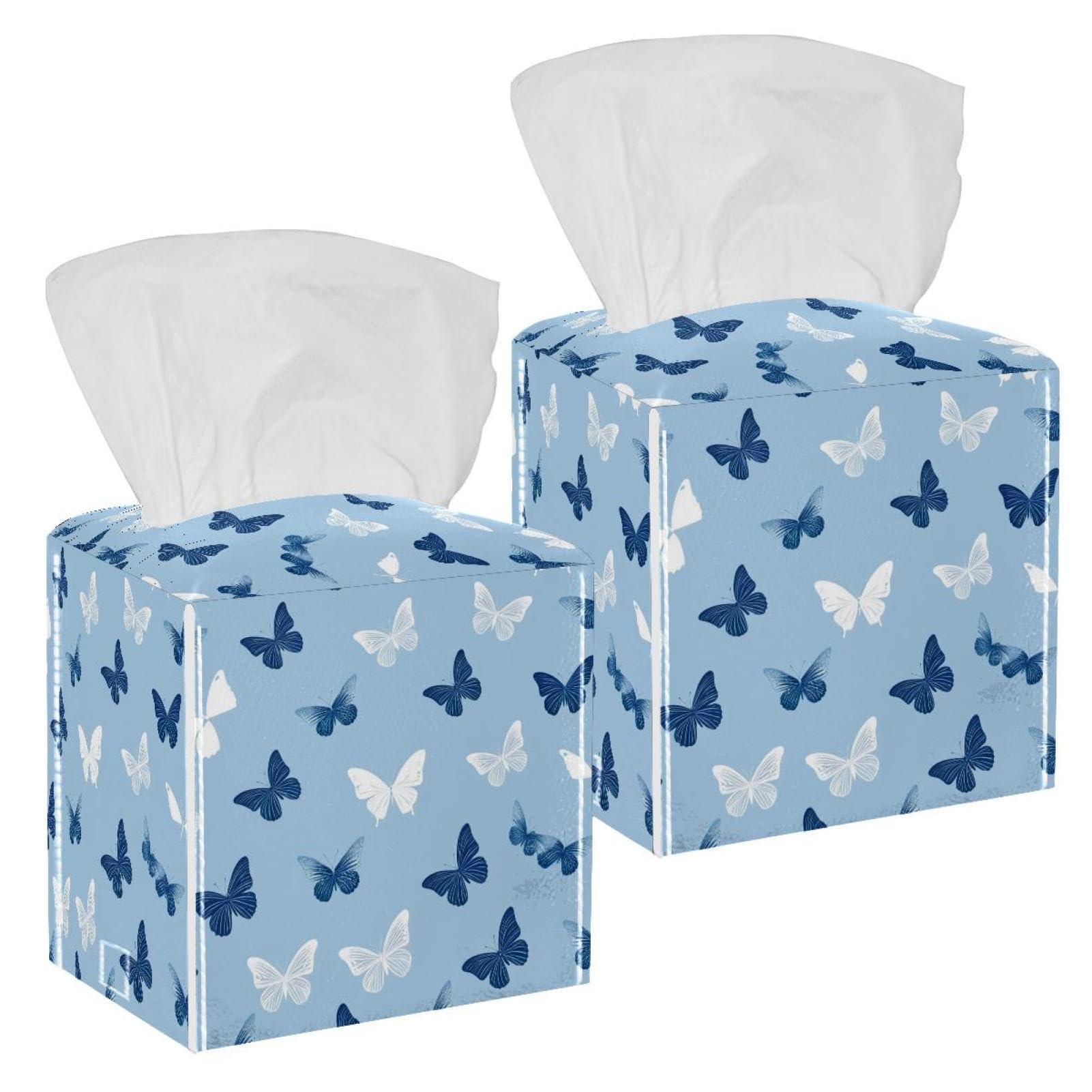 Aesthetic Butterfly Tissue Box Cover, 2 Pack PU Leather Square Facial Tissue Dispenser Box holder for Home Office Car