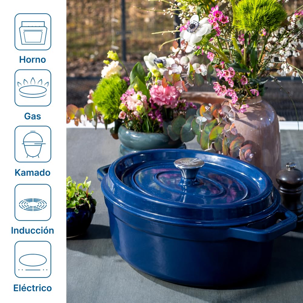 Cazuela de hierro fundido esmaltado con tapa y asas anchas - Cacerola ovalada de diseño elegante para preparar las más deliciosas avenas, sopas, salsas y guisos - Capacidad de 5,6L, Azul