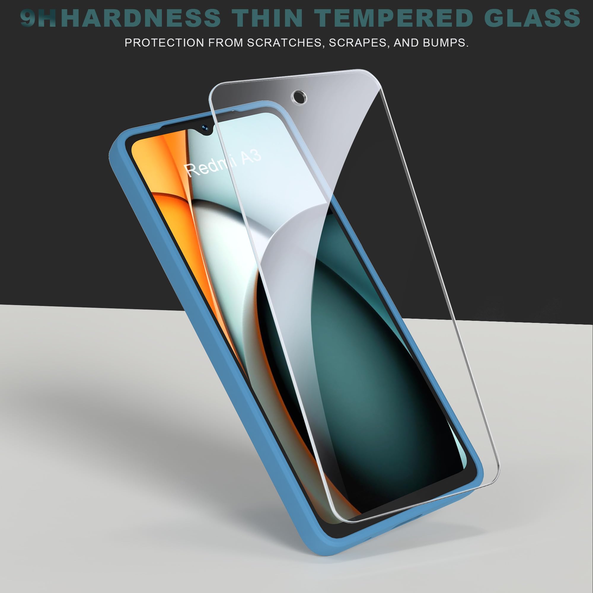 binandteam Cover per Xiaomi Redmi A3 4G (6.71) con 2 Pezzi Vetro Temperato Custodia, Gomma Gel di Silicone tpu Liquida Antiurto Antigraffio Case - Blu