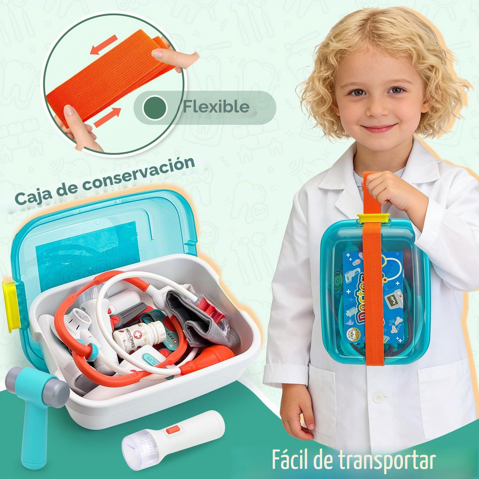 VBACALA Maletin Medico Juguete para Niños,17 Piezas Set Medico Infantil con Estetoscopio de Juguete,Jeringa,Termómetro, Juegos de rol de Dentista,Regalo Kit de Médico para Niñas y Niños 3+ Años