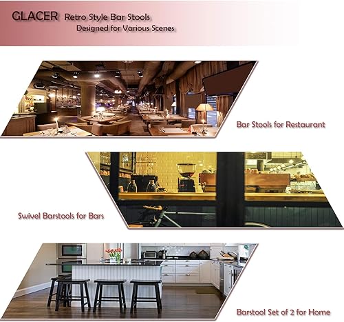 Miniatura 7 de GLACER Juego de 2 taburetes de bar, estilo retro, de altura de barra giratoria de 360 grados con asiento acolchado de cuero, cómoda silla de metal