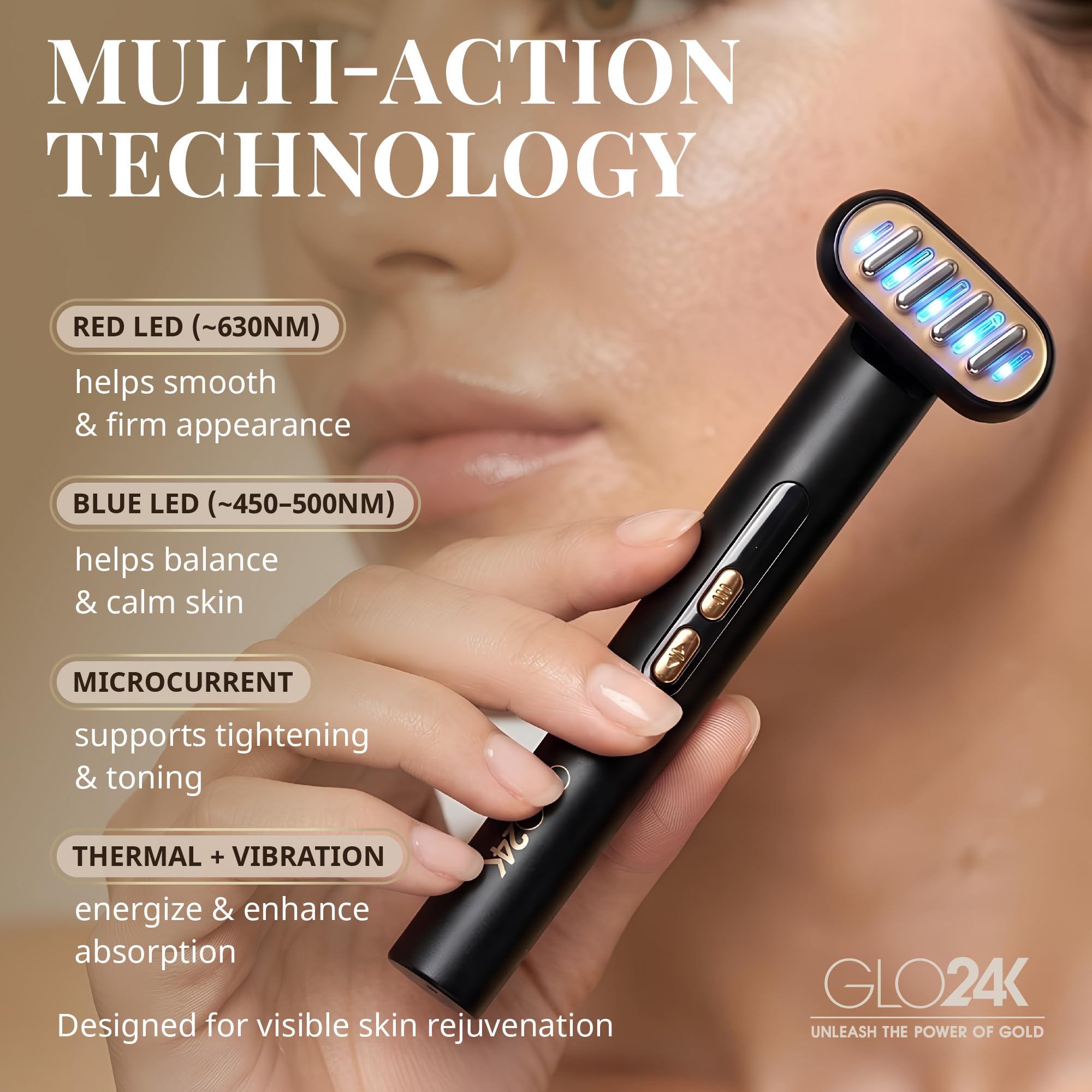 GLO24K 6-IN-1 Bacchetta per bellezza facciale LED a doppia luce, termica, vibrazione e micro-corrente