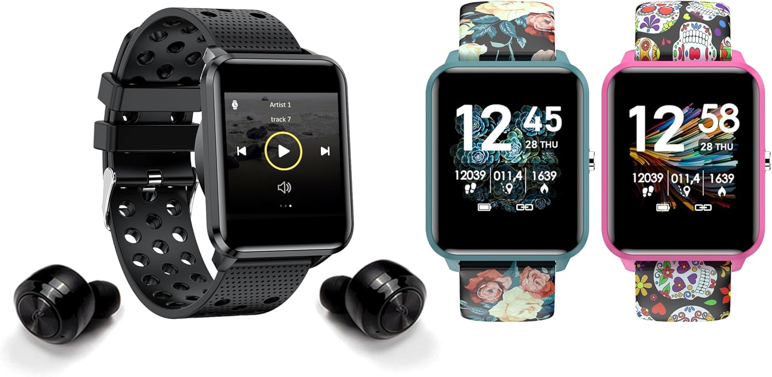 bemi Kix-m Smartwatch displaying music player interface with wireless earbuds nearby.