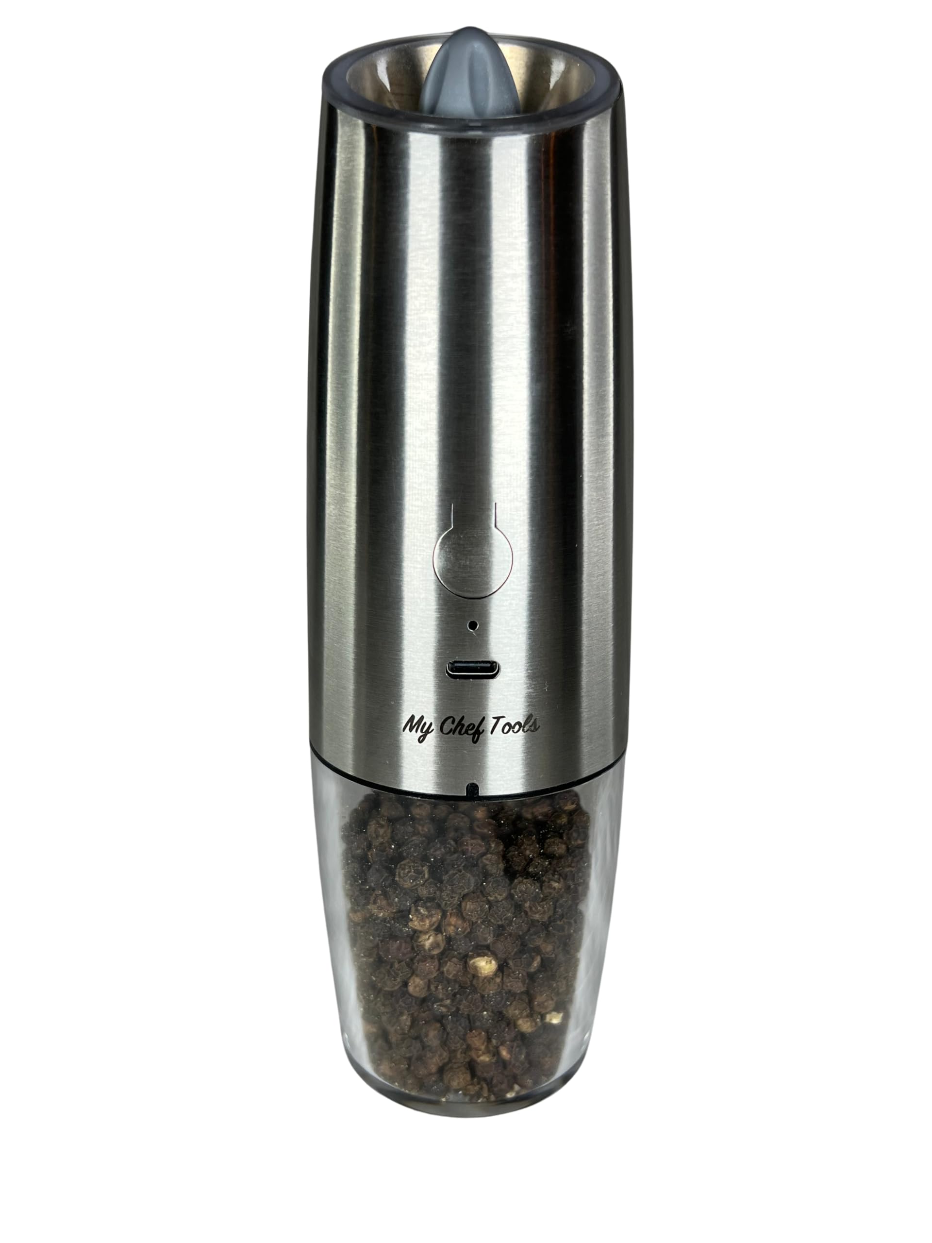 MY CHEF TOOLS Rechargeable Electric Salt and Pepper Grinder Set, Automatic Activation, LED Light, USB-C, 2 Pack, Silver