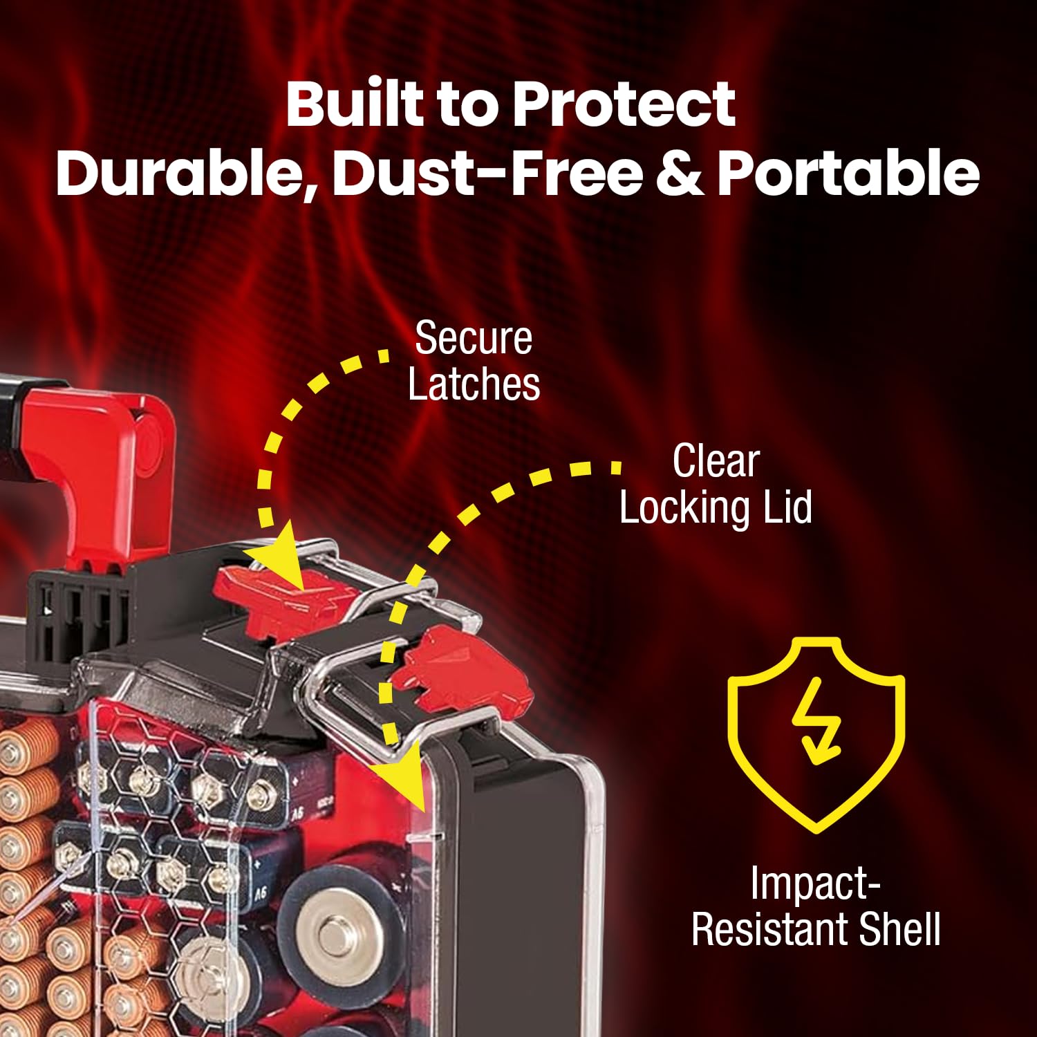 Battery Daddy Custodia portaoggetti con luce e tester, conserva e protegge oltre 200 batterie, design resistente su entrambi i lati, con coperchio di bloccaggio trasparente, chiusure sicure e maniglia