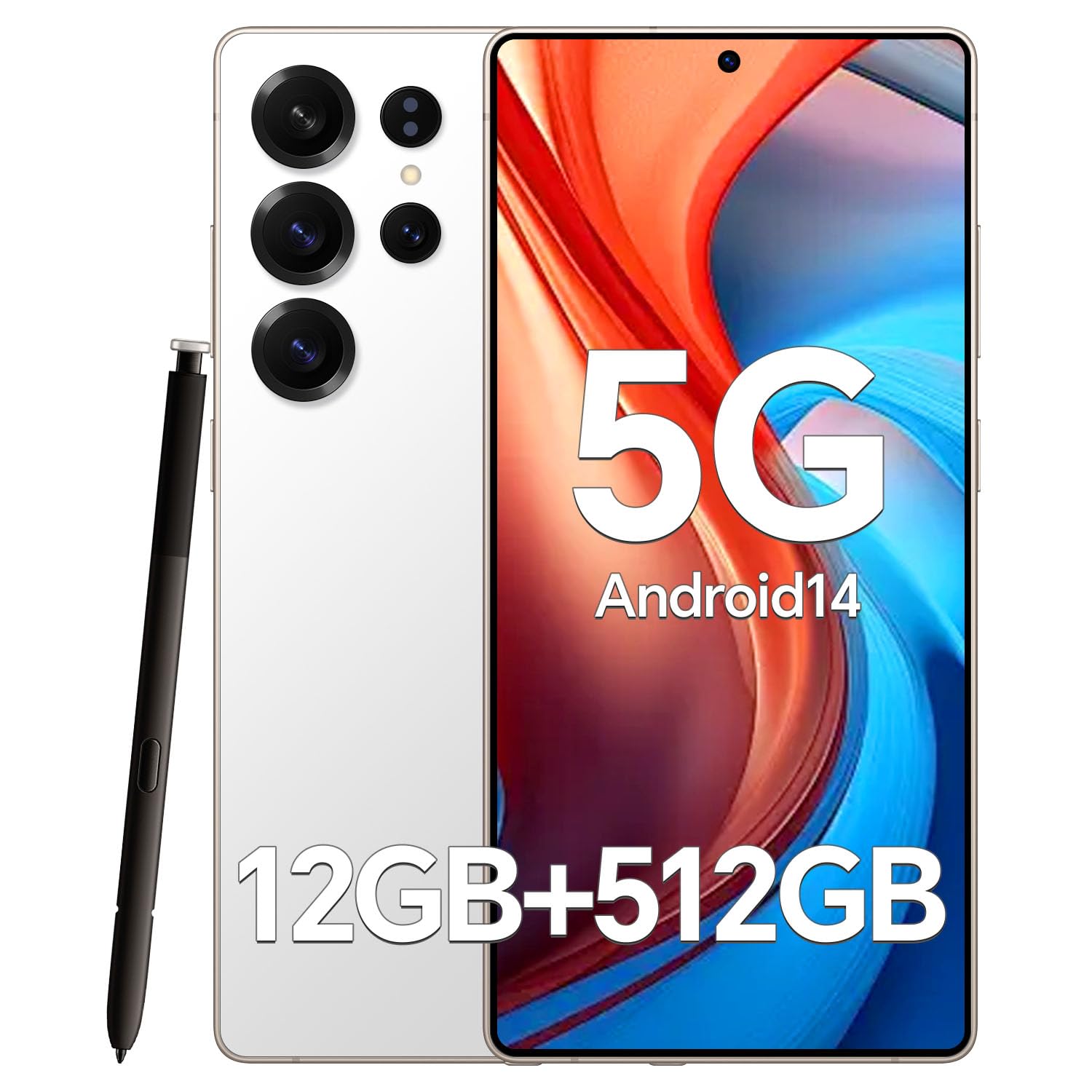 Unlocked Phones R25 Ultra Build-in Pen, Android 14 Cell Phones, 5000mAh Battery, 12GB+512GB Smartphone 6.9" HD Screen/108MP+48MP Camera/Snapdragon 888 Processor, Face ID/WiFi/Bluetooth/GPS Silver