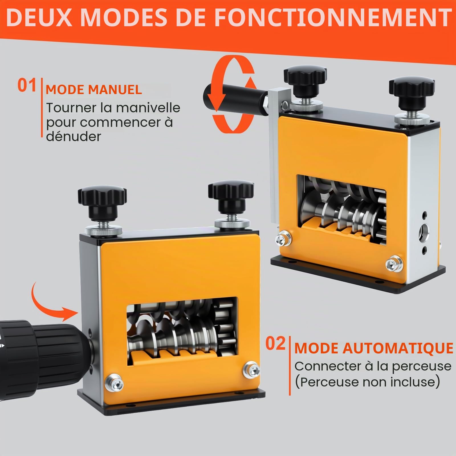 Denudeur Cable Electrique, Machine à Dénuder le Cuivre Manuelle avec 6 Canaux, Denudeur Cable pour 3 à 17 mm, Machine de Dénuder Cuivre Fils Mode Manuel et Automatique, jaune