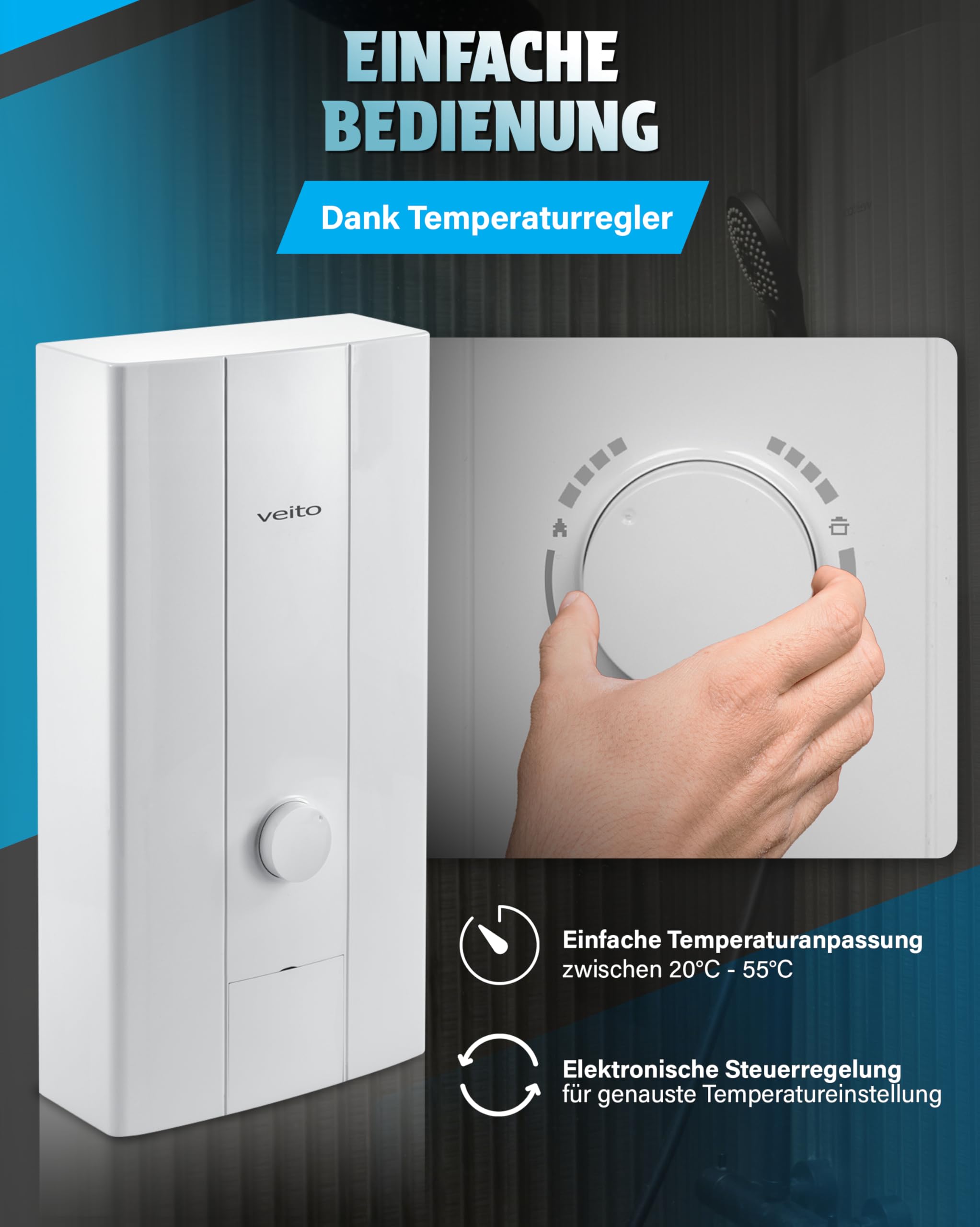 Veito Blue E - Voll Elektronischer Durchlauferhitzer 21KW - 3 Phasen 400 V - Sofortiges Warmwasser, Energieeffizient