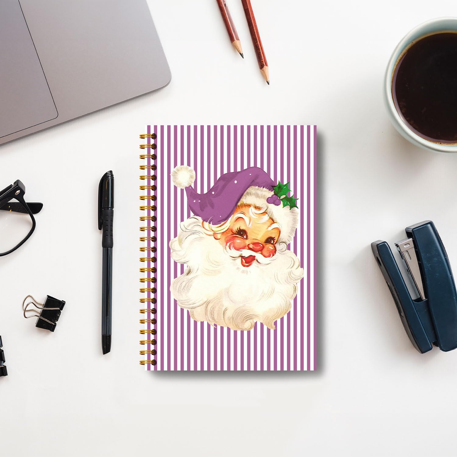 Guymn Purple Christmas Santa Notebook, Trendy Santa Xmas Journal, Purple and White Striped Christmas Hardcover Spiral Notebooks Journals, 5.5x8.3 Inch