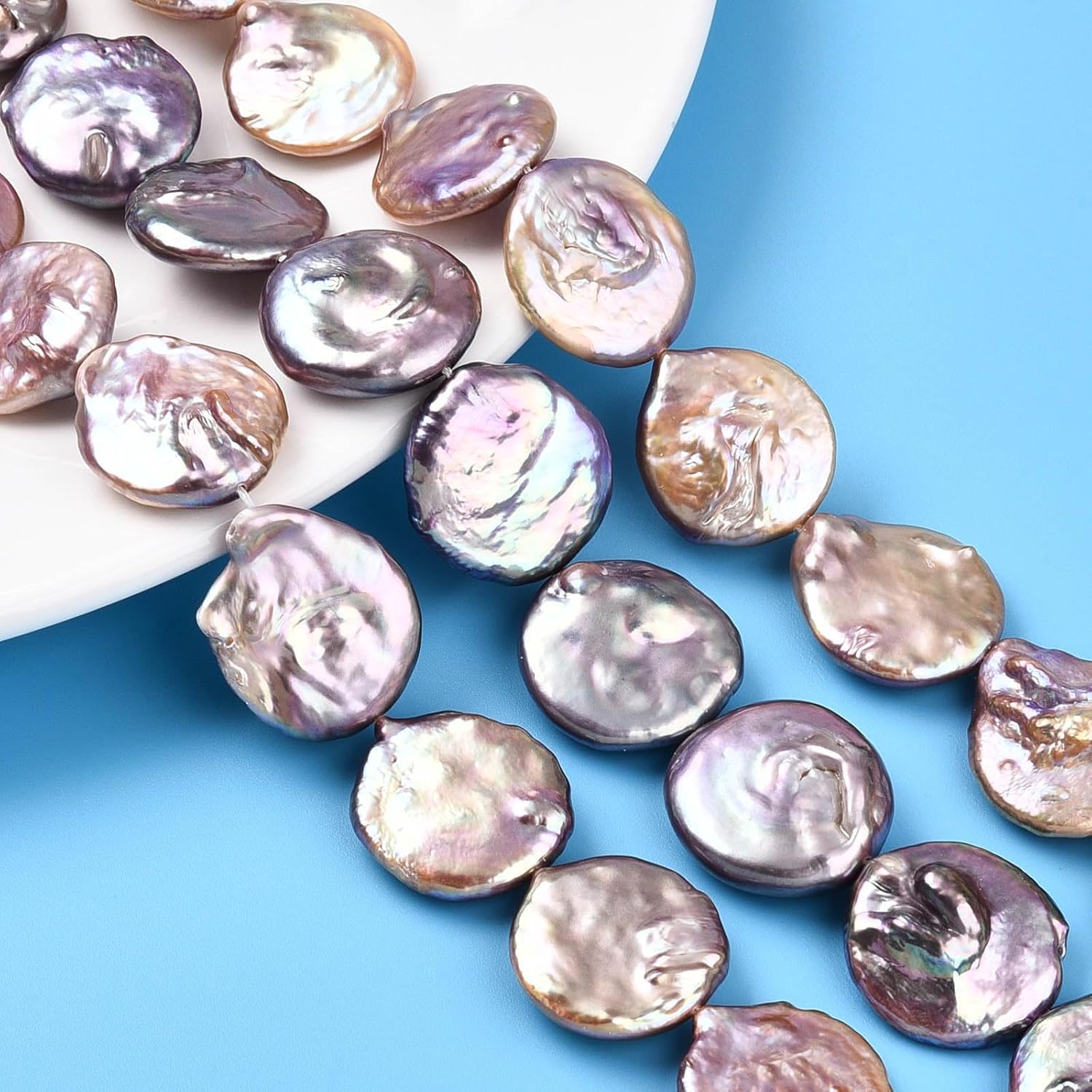 LiQunSweet 18 pcs 19-23mm Flat Round Natural Pearl Beads Natural Freshwater Pearl Loose Beads for DIY Jewelry Bracelet Necklace Earring Bag Keychain Phone Decor