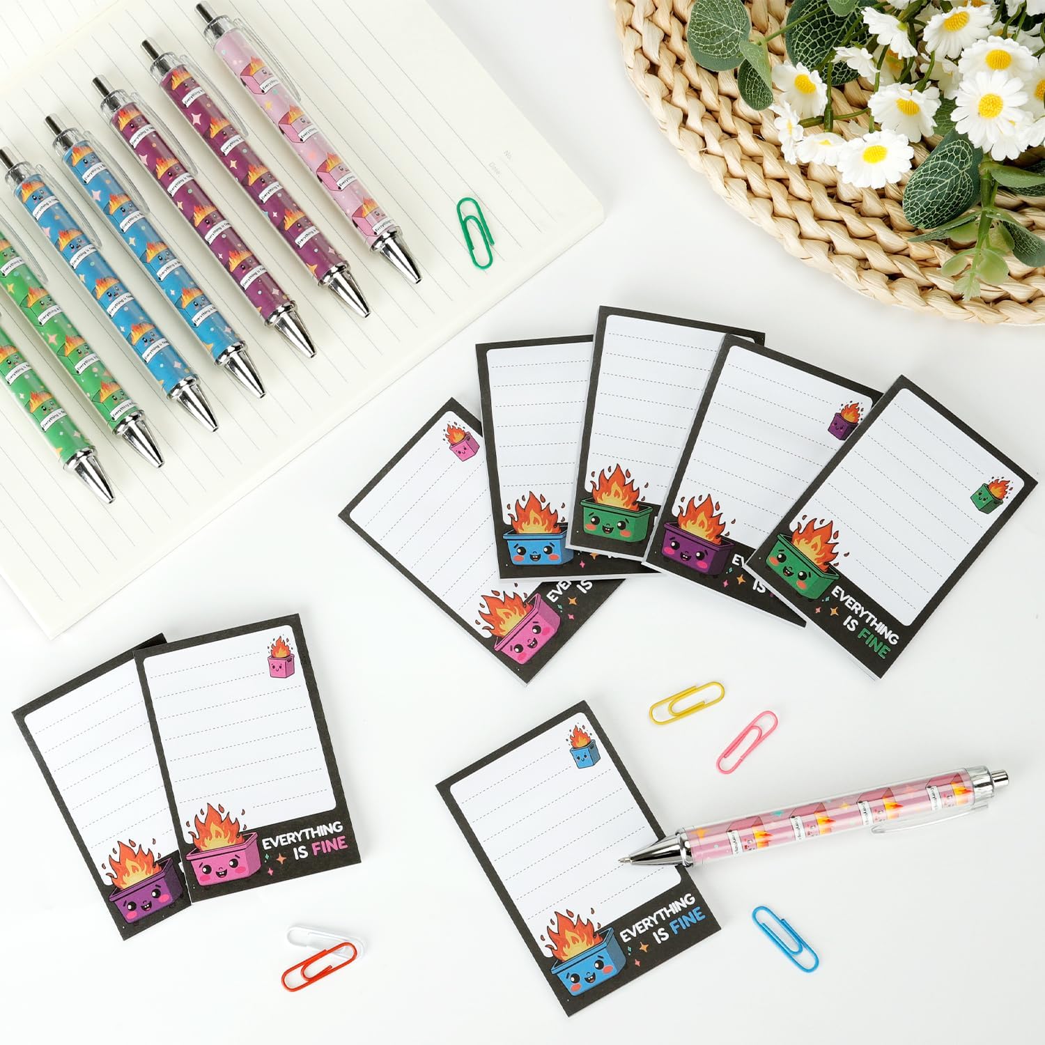 Dumpster On Fire Desk Accessories - 8 PCS Cute Sticky Notes   8PCS Ballpoint Pens, It's Fine I'm Fine Everything is Fine,Memo Notes Funny Office Gifts for Women Men Coworkers