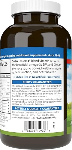 Miniatura 3 de Carlson - Gemas solares D, suplemento de vitamina D3 y Omega-3, 6000 UI (150 mcg) de vitamina D3, 115 mg de Omega-3 EPA y DHA Suplemento, capturado