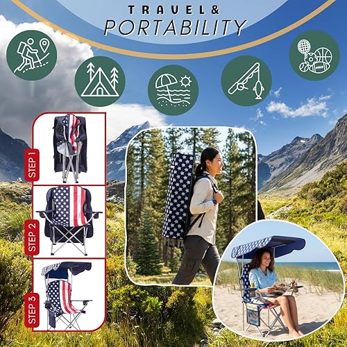 Miniatura 3 de Sillas de camping plegables portátiles con toldo y toldo para adultos, tela Oxford 600D duradera resistente a la intemperie, silla de campamento con