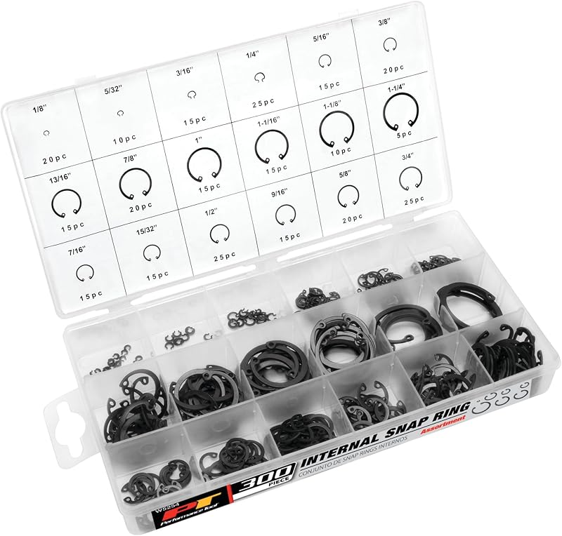 Performance Tool W5254 300-Piece Internal Snap Ring Assortment Kit | Spring steel retaining rings with black oxide finish. 18 sizes from 1/8 to 1-1/4 inch. Organized storage case