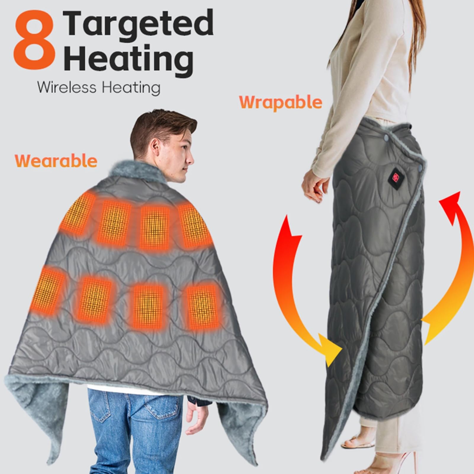 Scialle Riscaldante Elettrico, Coperta Riscaldante Elettrica Portatile Senza Fili 3 Livelli Di Riscaldamento Coperta Lavabile per Freddo Dormire Lavorare Viaggiare Campeggio (Grigio)
