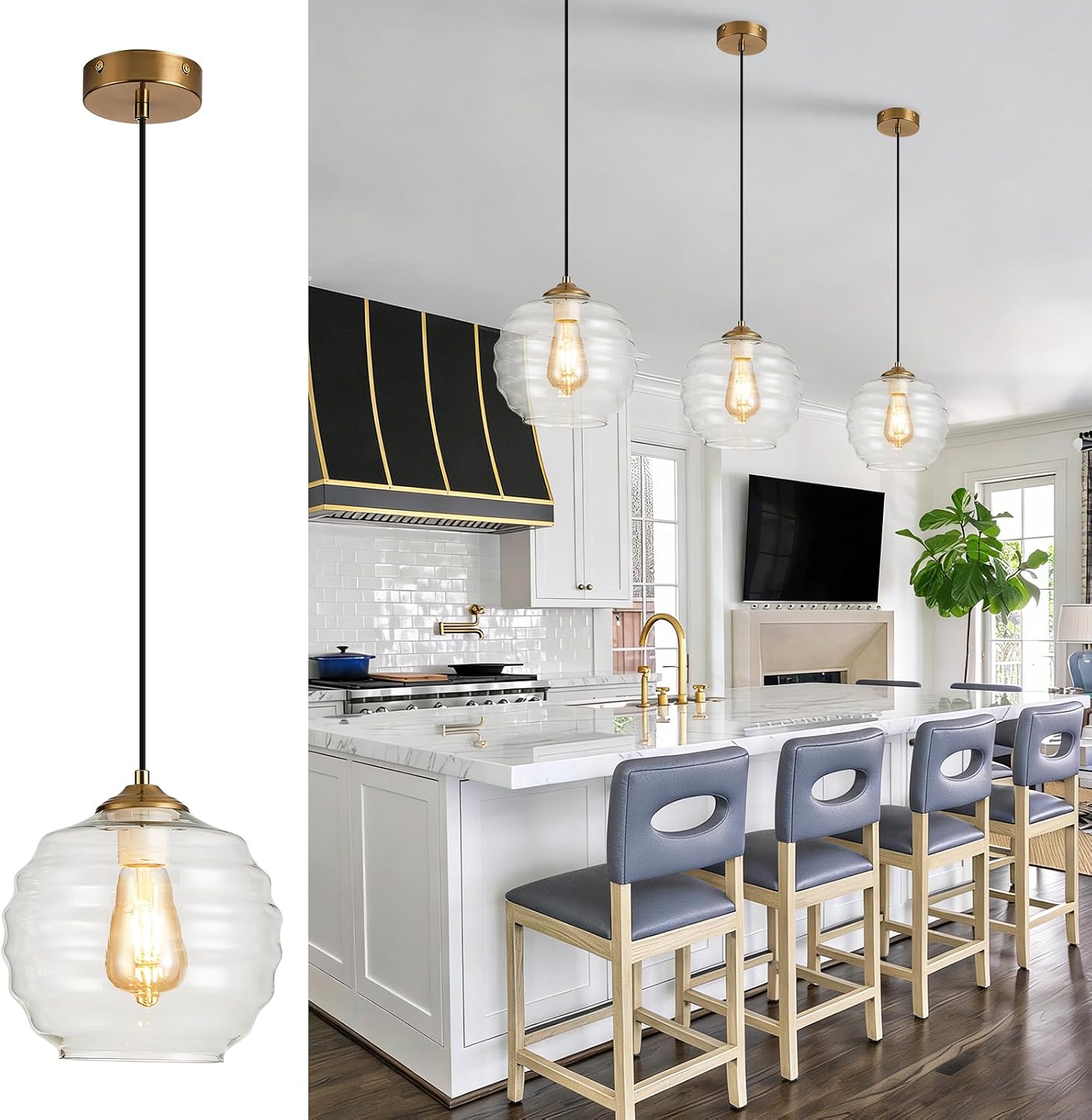 GlowHub 8.7" Grey Glass Pendant Lights Kitchen Island Water Ripple Vintage Globe Pendant Lamp Fixtures 1-Light Modern Black Hanging Lighting for Bedroom Living Dining Room