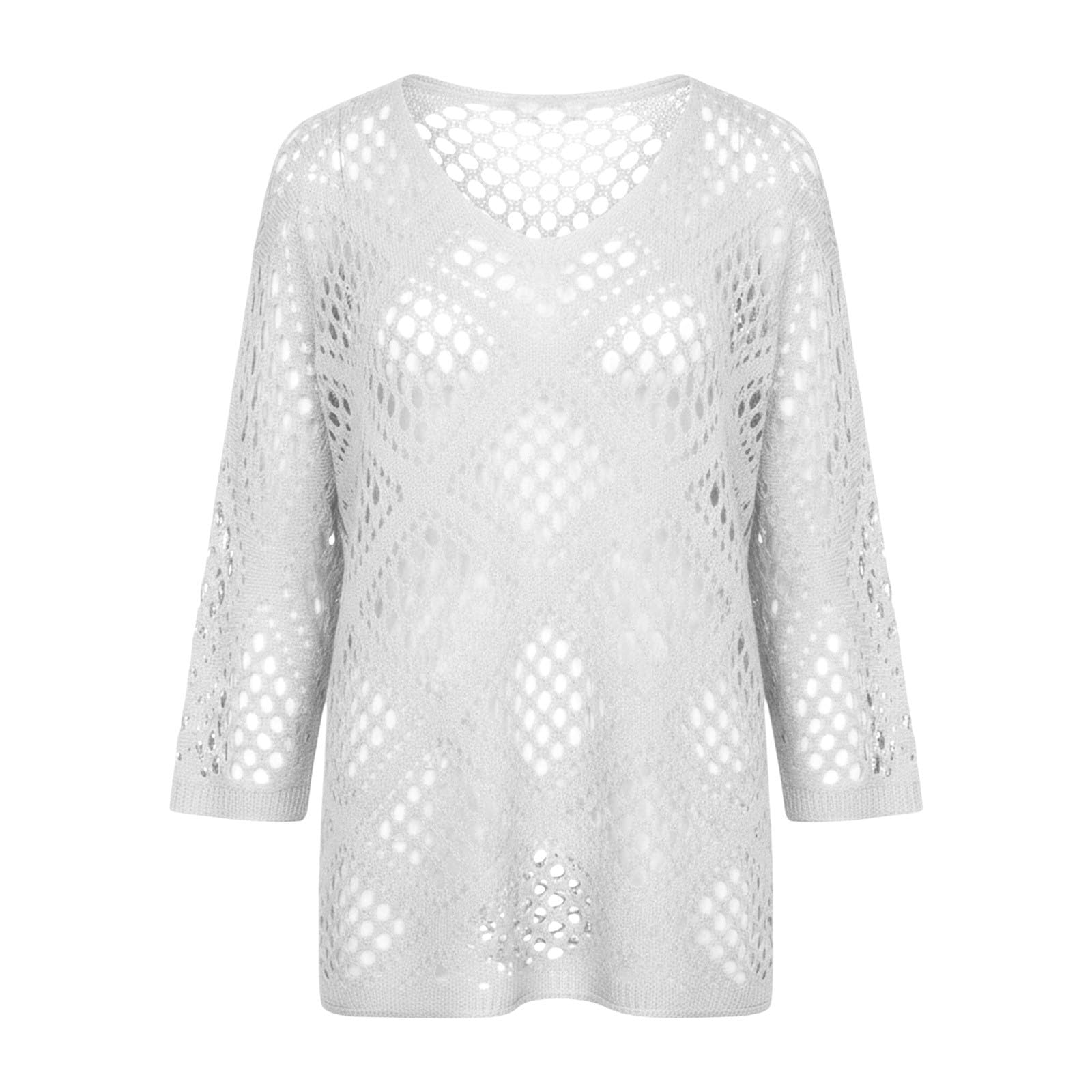 Top da donna con maniche a 3/4, scollo a V, lavorato a maglia, stile boho, vestibilità larga, da spiaggia, per vacanze estive, abbigliamento casual