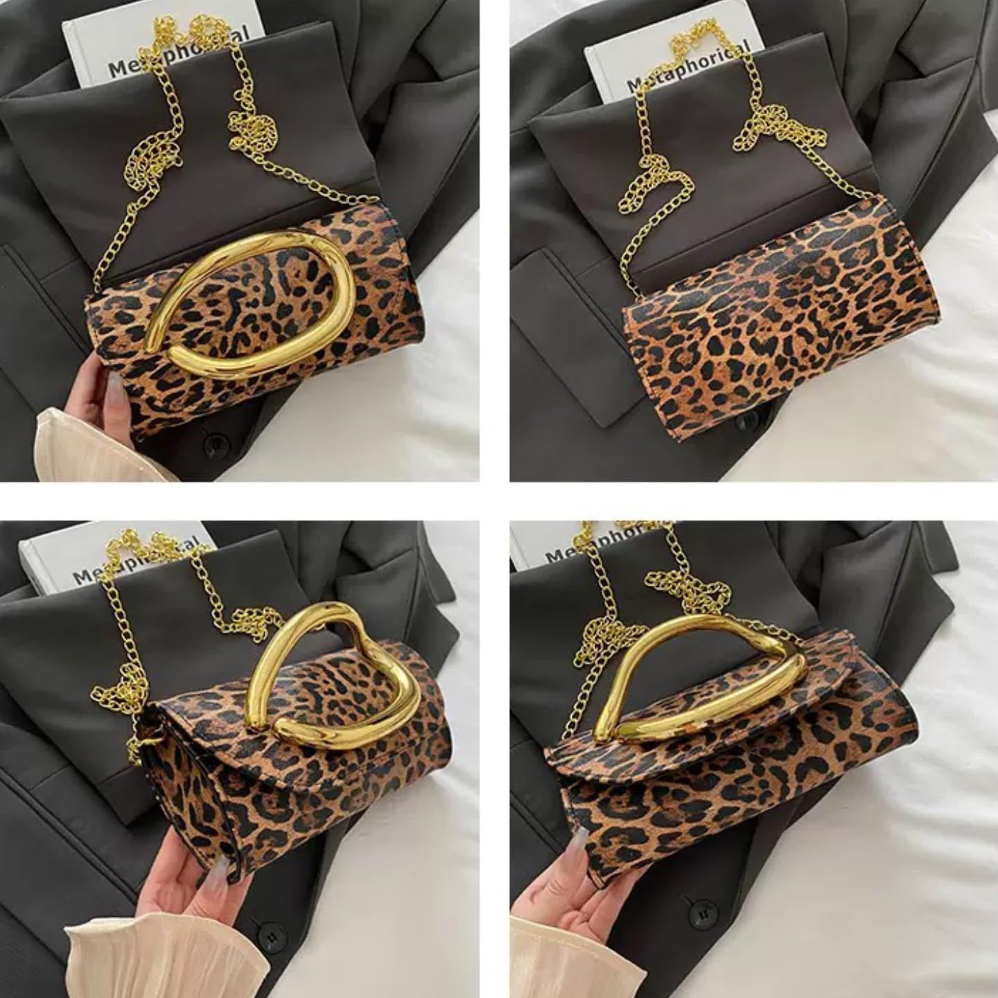 leopard print shoulder bag for women，Clutch Box Metal Handle Evening Bag Trendy Ladies Shoulder Crossbody Purse for Wedding Party