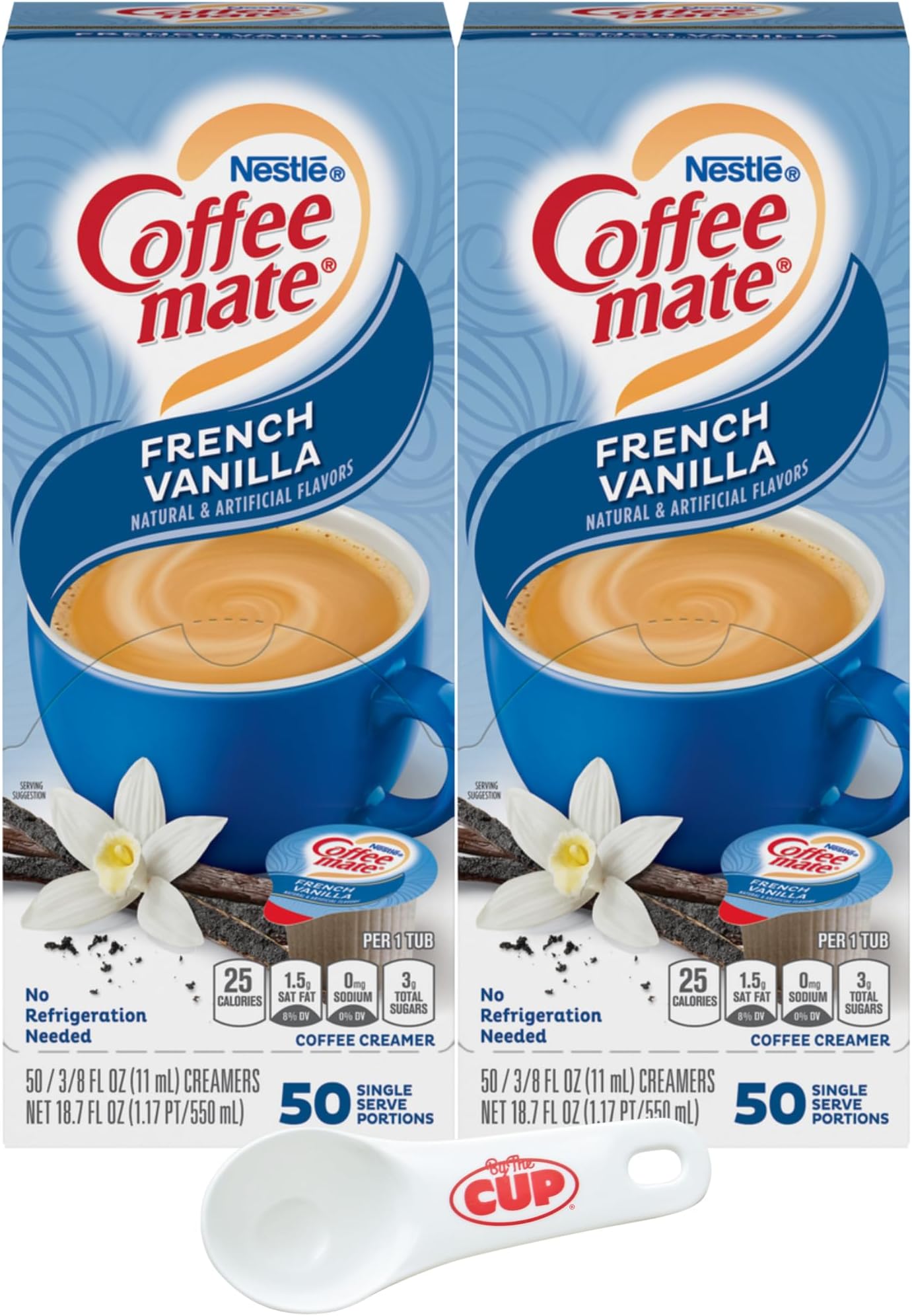 Nestle Coffee mate Liquid Coffee Creamer Singles, French Vanilla, 50 Ct Box (Pack of 2) with By The Cup Coffee Scoop, 37.5 Fl Oz