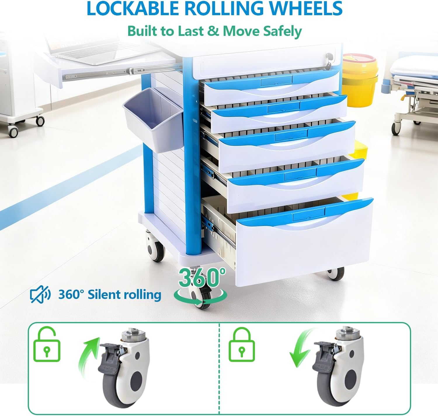 Medical Rolling Storage Crash Cart with Wheels & Drawers, Mobile Medical Cart with 5-Drawer, Medical Rolling Cart for Supplies, Nursing Emergency Cart for Hospital & Clinic, Adjustable IV Pole