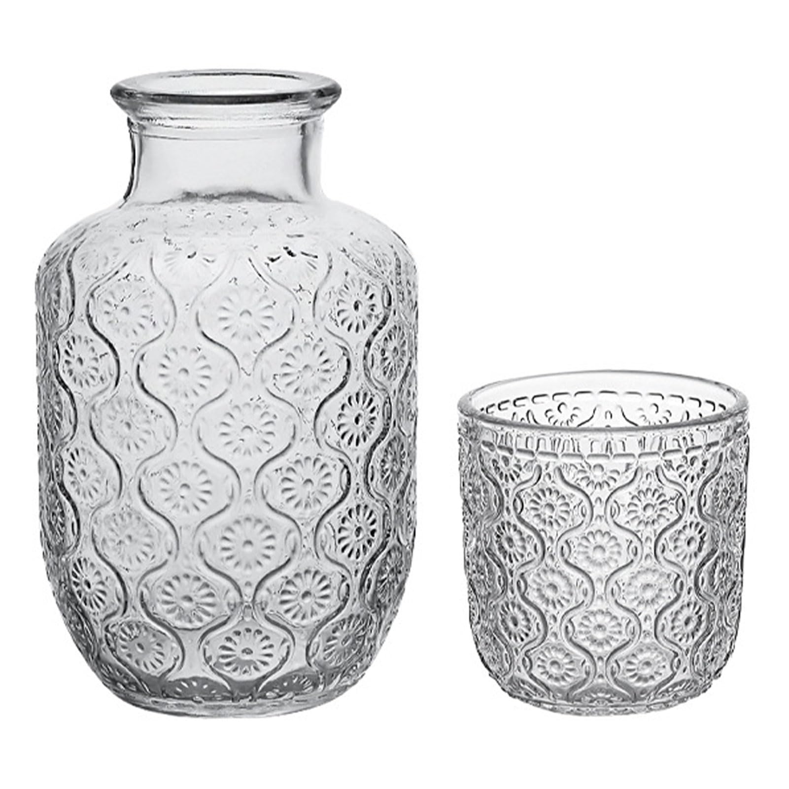 Bedside Water Carafe Set, Crystal Glass Pitcher and Drinking Cup Lid Bathroom Mouthwash Carafe for Guest Room,Bedroom,Night Drinking,Gift (Transparent)