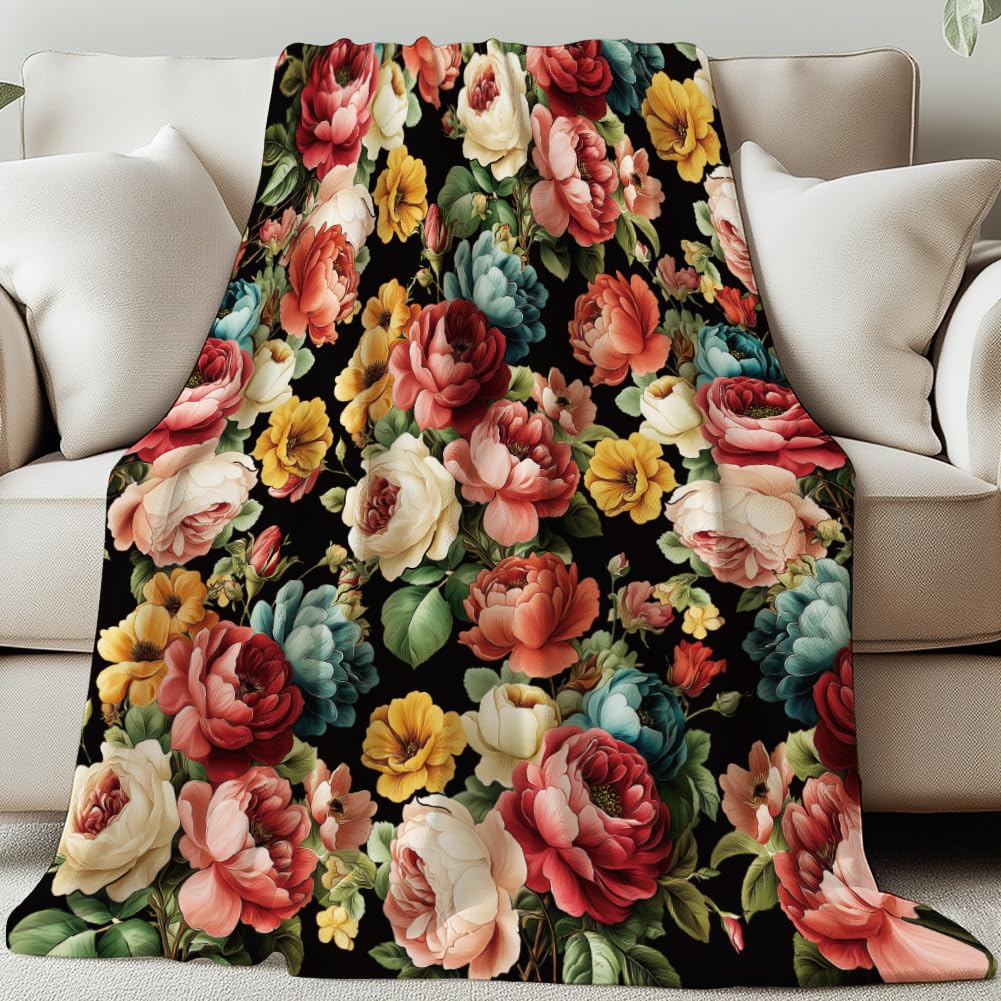 GLOBLELAND Bohemian Style Flowers Throw 59×51 inch Peony Soft Cozy Flannel Blanket Flowers Washable Fuzzy Throw Blanket for Home Office Room Bed Sofa Chair Gift