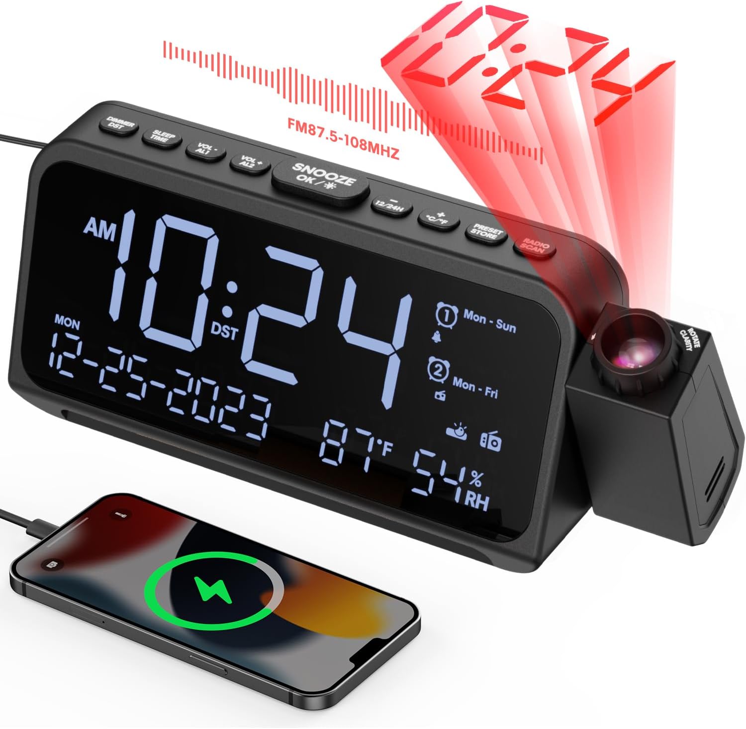 ROCAM Clock Radio with Projection, Digital Clock Projector Shines on ...