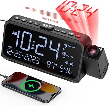 ROCAM Alarm Clock Radio with Projection, Digital Alarm Clock Bedside Projector Shines on Ceiling with Calendar/Date, Temperature/Humidity, Adjustable Brightness, USB & Type-C Port