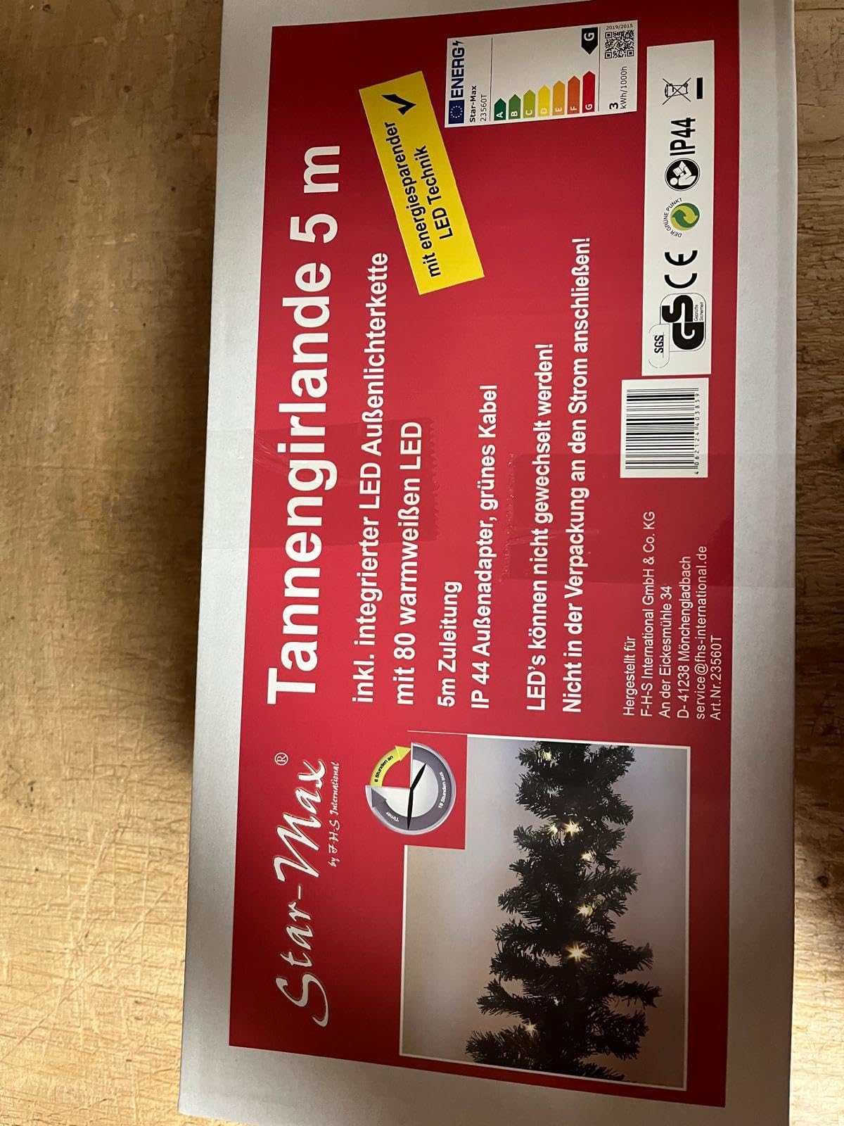 Star-Max Ghirlanda di abete da 5 metri con 80 LED bianchi caldi e funzione timer, con adattatore esterno e cavo da 5 m