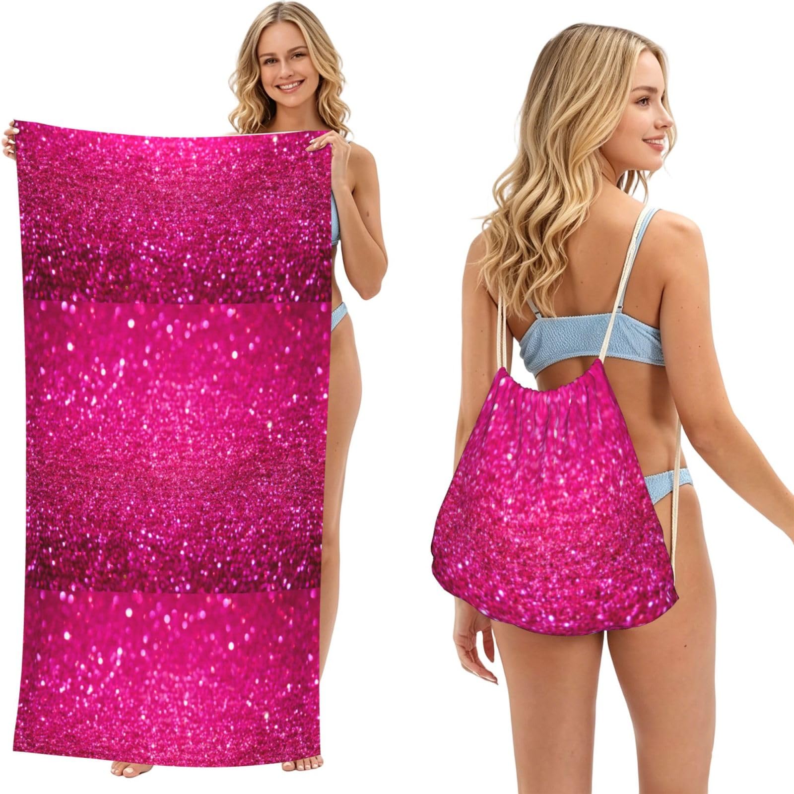 Poadnly As Picture Pink Glitter, 2 In 1 Packable Towel Bag, Beach Towels With Drawstring Backpack For Travel Holiday Camping