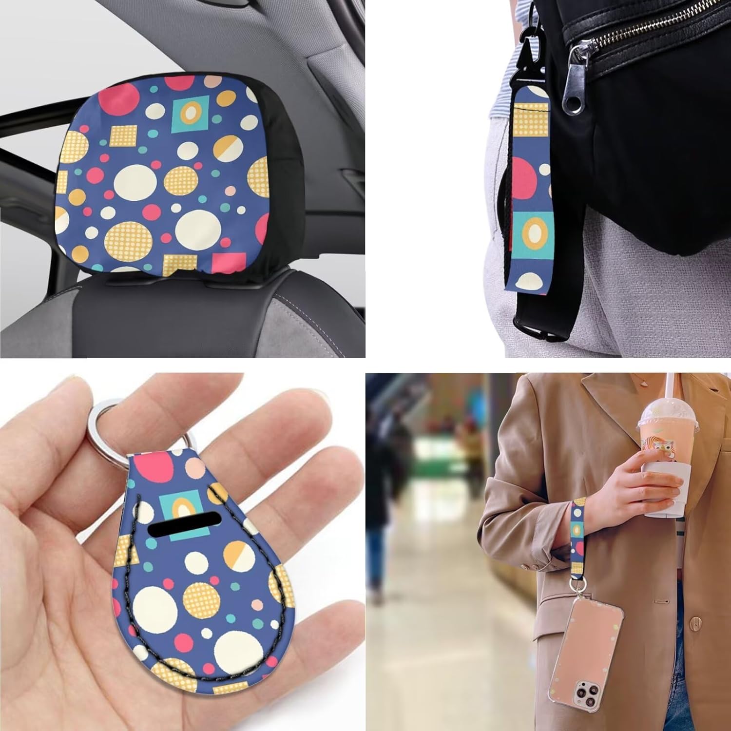 Geometric Graphic Car Seat Covers Front Pair, Retro Rainbow Polka Dot 13 Pcs Car Back Bench Seat Cover Protector, Colorful Circle Dots Automotive Vehicle Cushion Covers