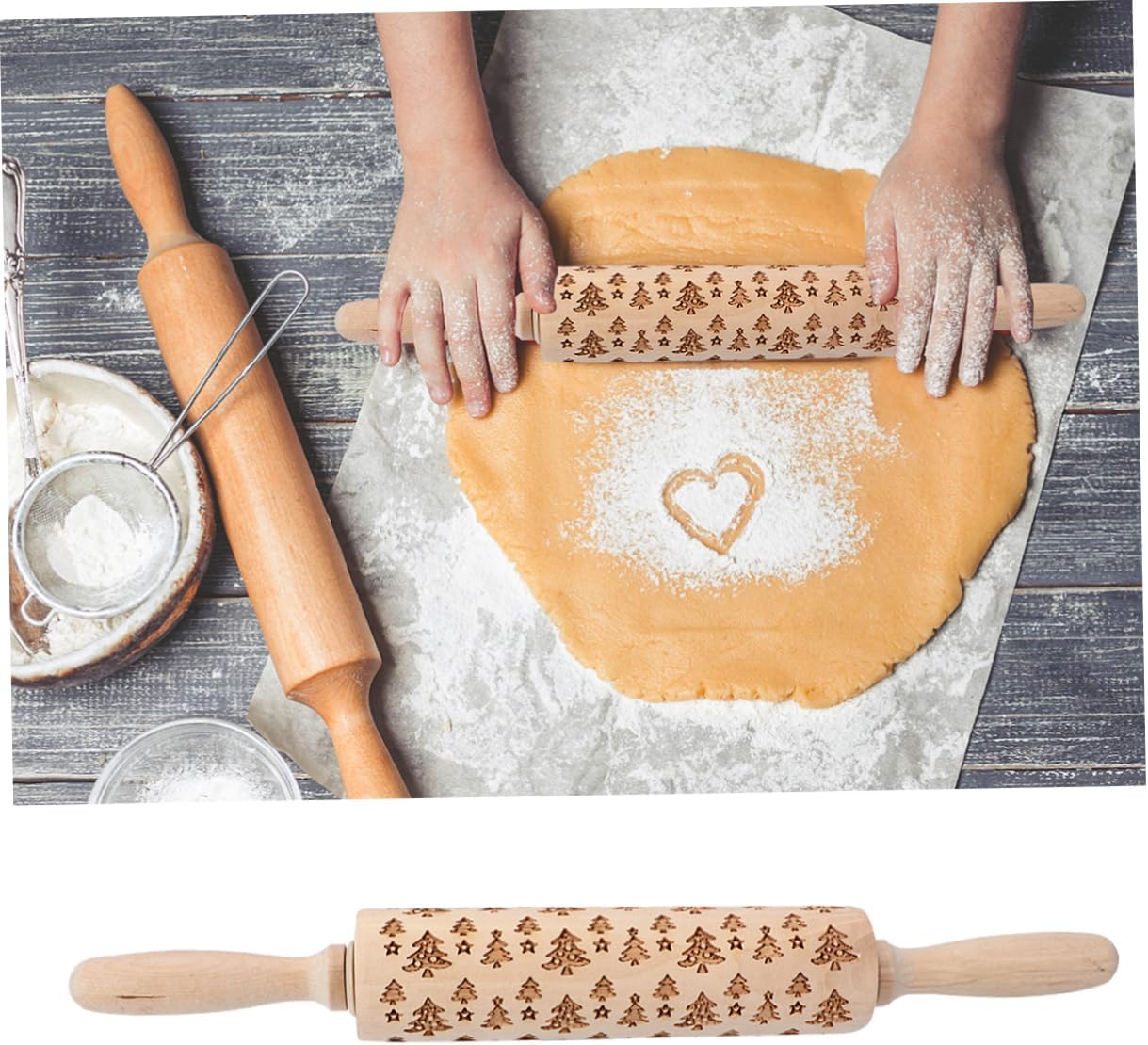 Bakery Equipment,Rolling Pin,Non-Stick Rolling Pin Rolling Sticks Practical Kitchen Tool Wooden Roller Christmas Embossed Design
