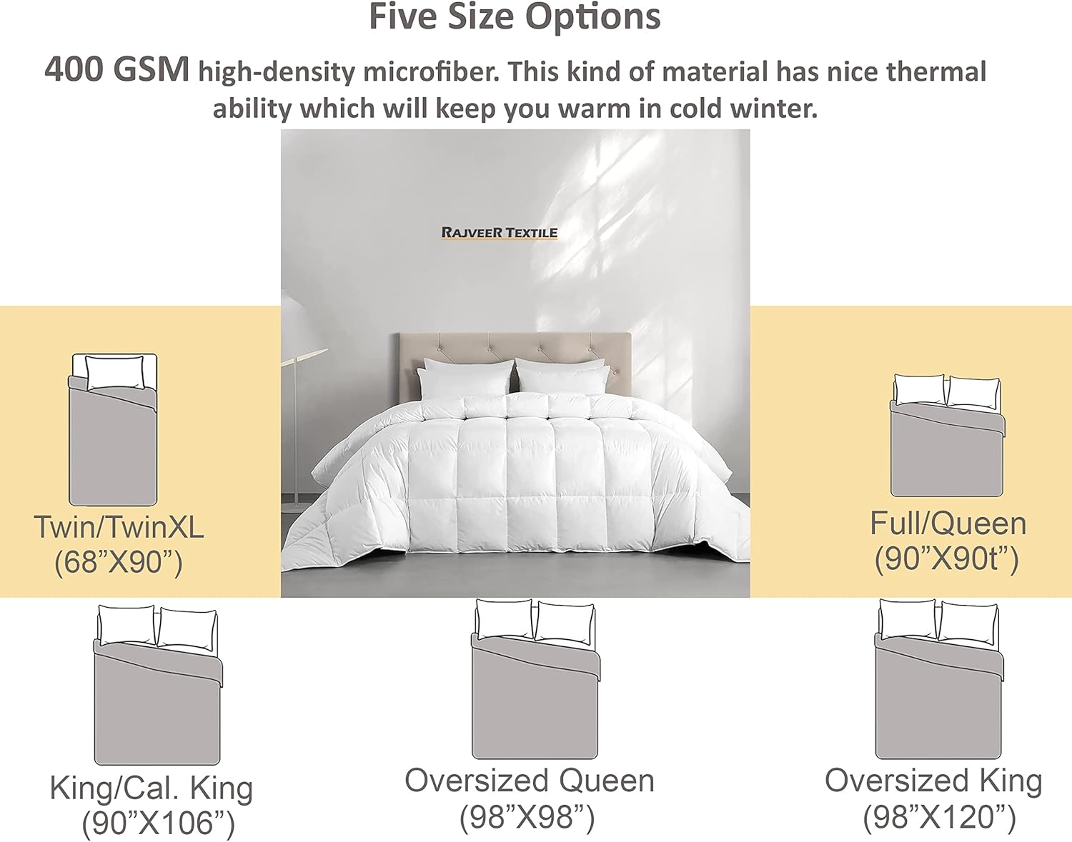 1 Piece Down Alternative Comforter All Season-400GSM Lightweight 6 Corner Ties Premium Quality Goose Down Comforter- King/Cal-King(106" X 90") Colour-Black