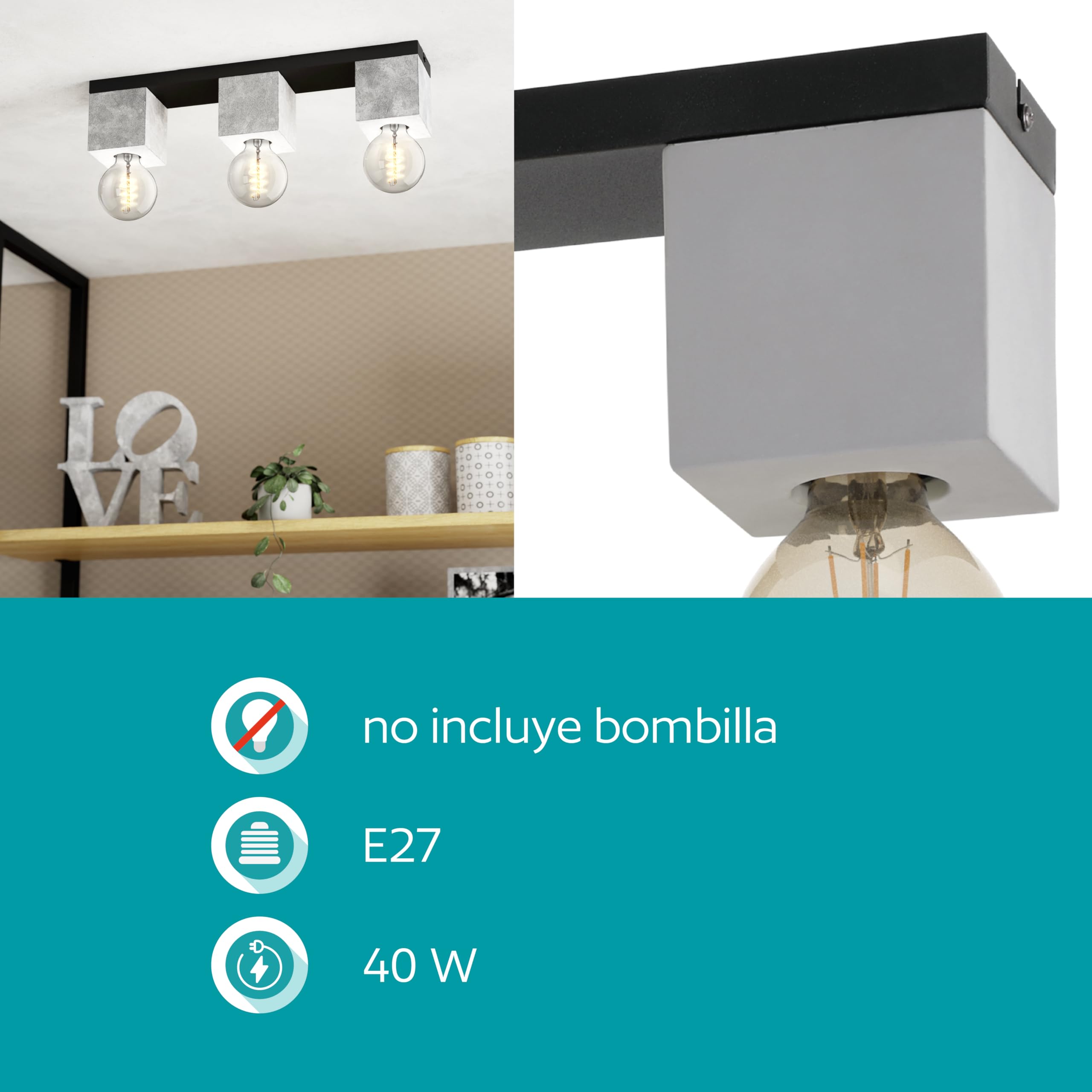 Eglo lámpara de techo Prestwick 3, iluminación de techo de 3 luces | industrial, luz de salón de hormigón en gris y metal en negro, casquillo E27