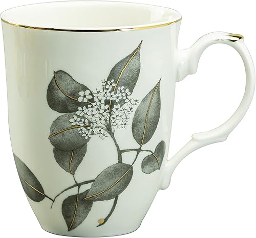 Miniatura 2 de Gracie China by Coastline Imports Juego de 4 tazas de porcelana con hojas metálicas, 12 onzas, oro negro