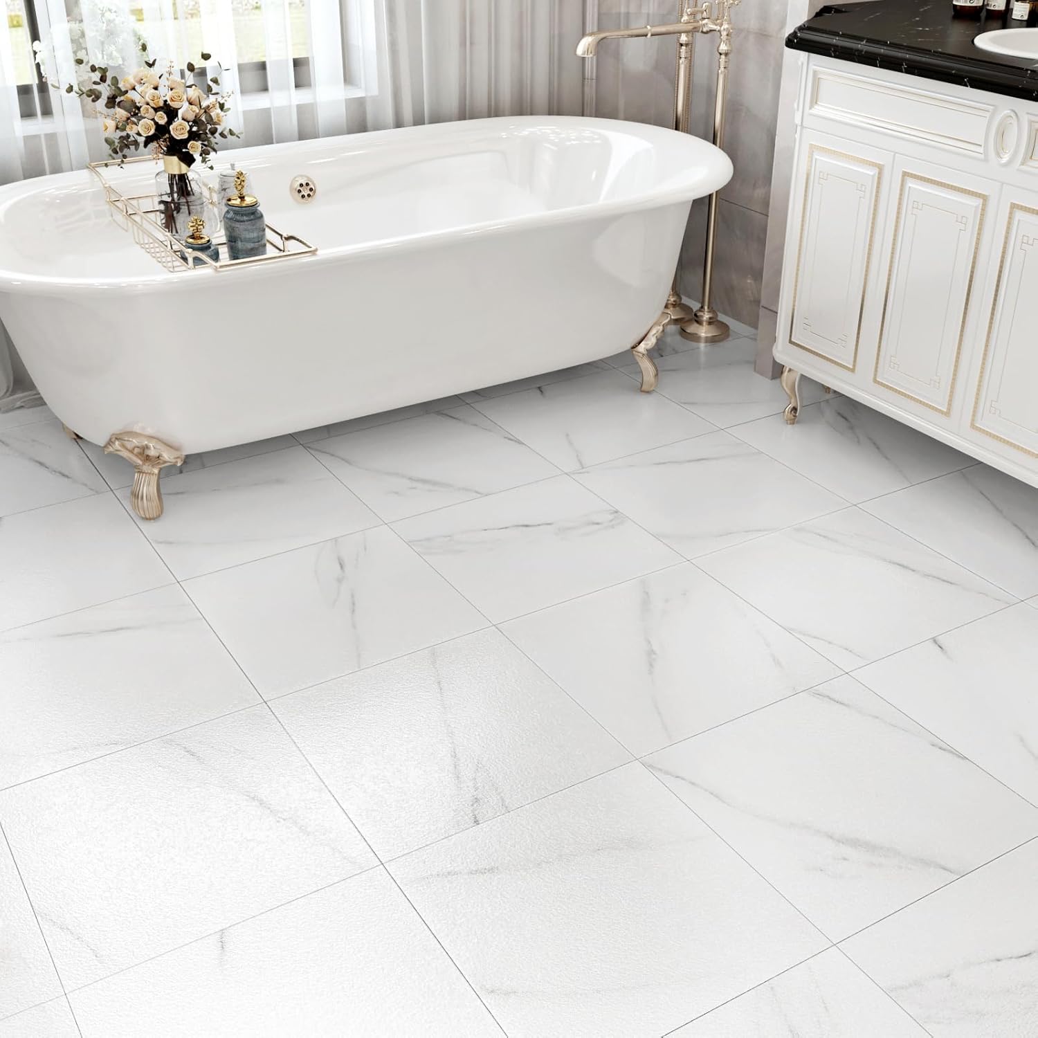 WESTICK 20 Pack White Marble Peel and Stick Floor Tile White Kitchen Vinyl Tiles Peel and Stick Waterproof Thick Vinyl Flooring Sheet Self Adhesive Floor Tiles for Bathroom Bedroom Office 12" x 12"